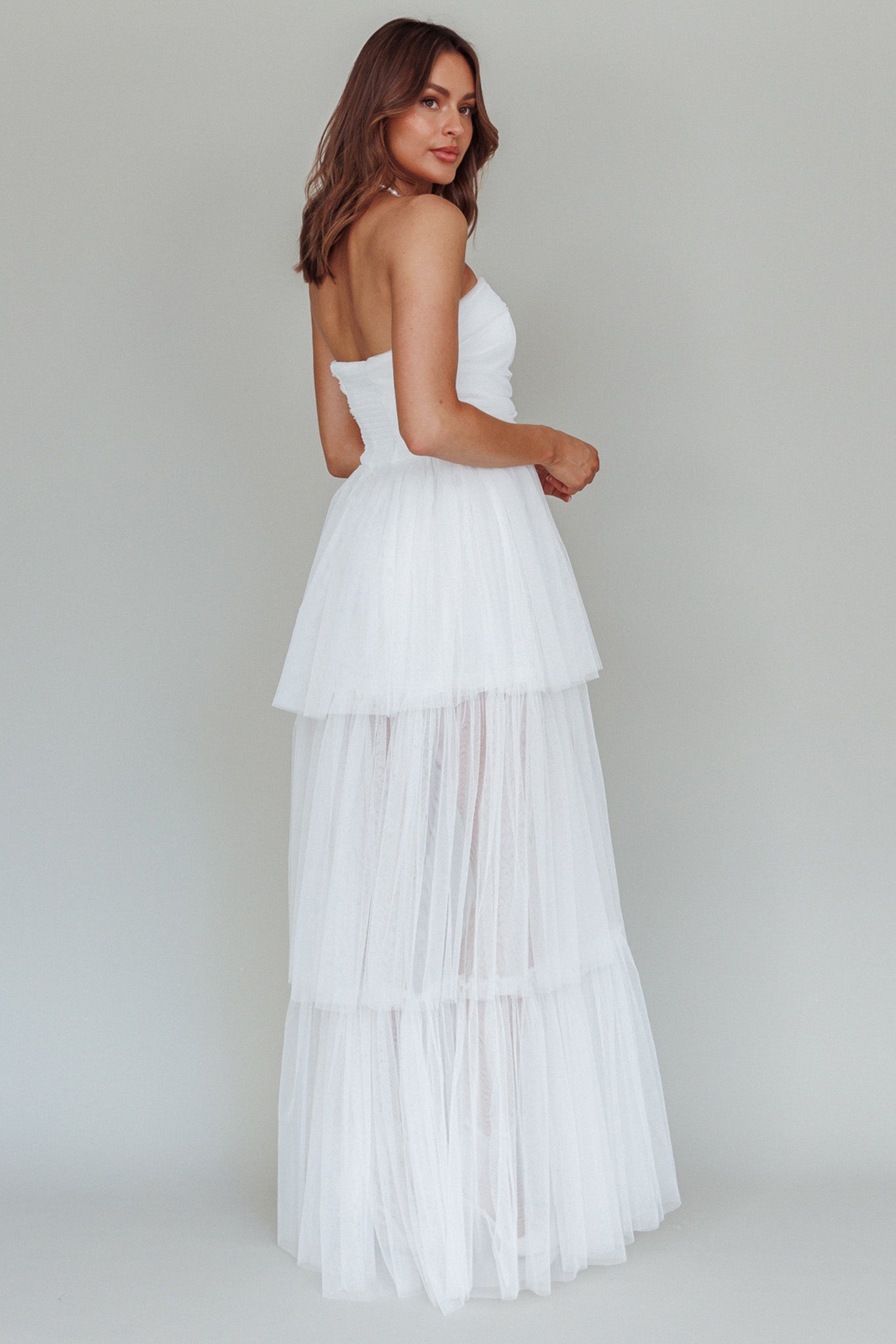 Haeven Tiered Strapless Maxi Dress White by Selfie Leslie