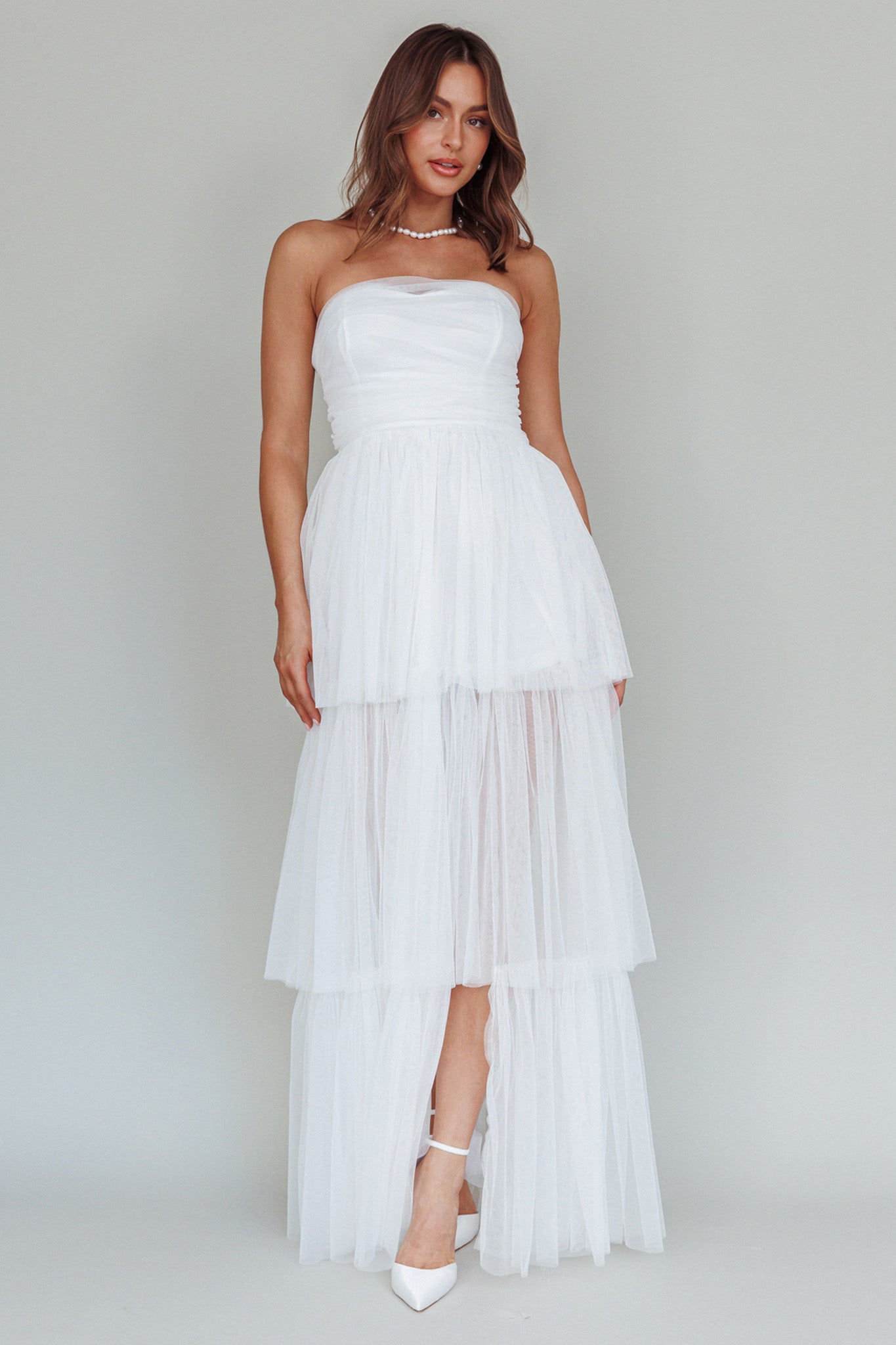 Haeven Tiered Strapless Maxi Dress White by Selfie Leslie