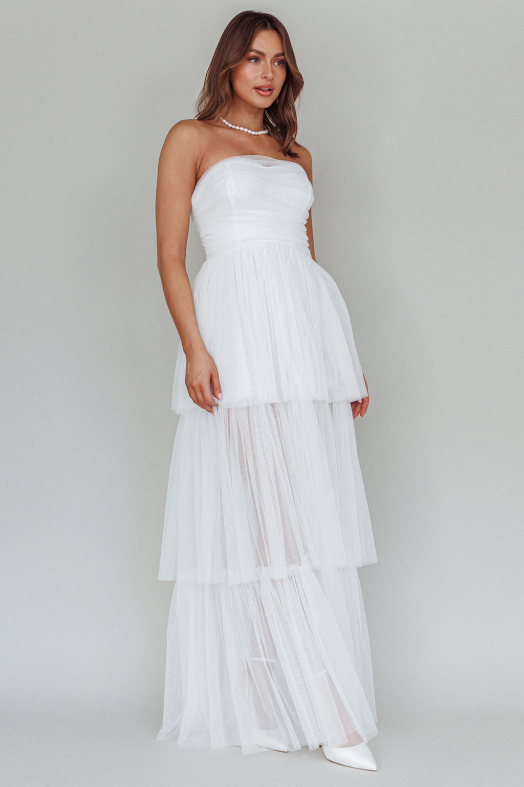 Haeven Tiered Strapless Maxi Dress White by Selfie Leslie