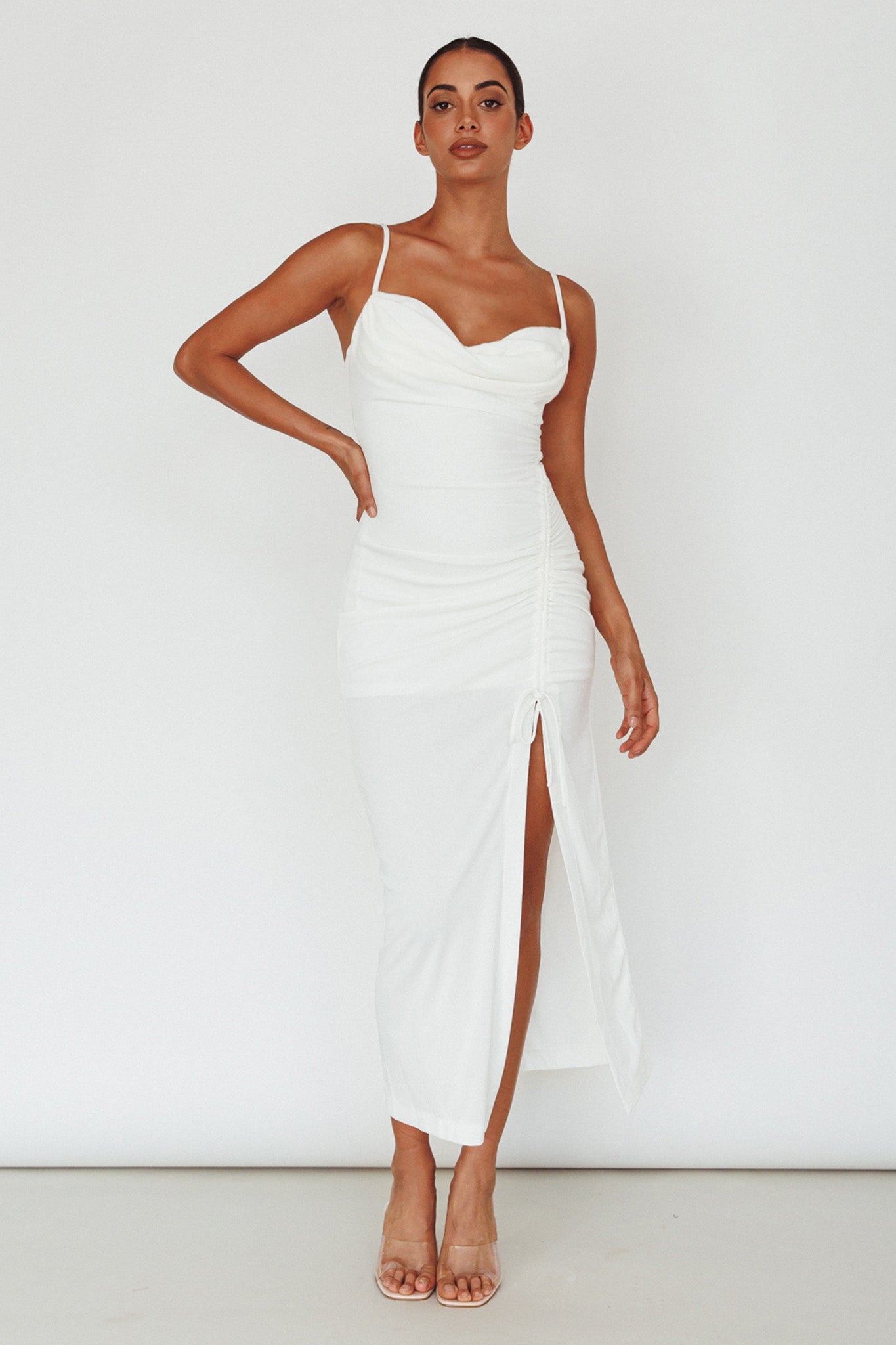 Samba Night Drawstring Ruched Midi Dress White by Selfie Leslie