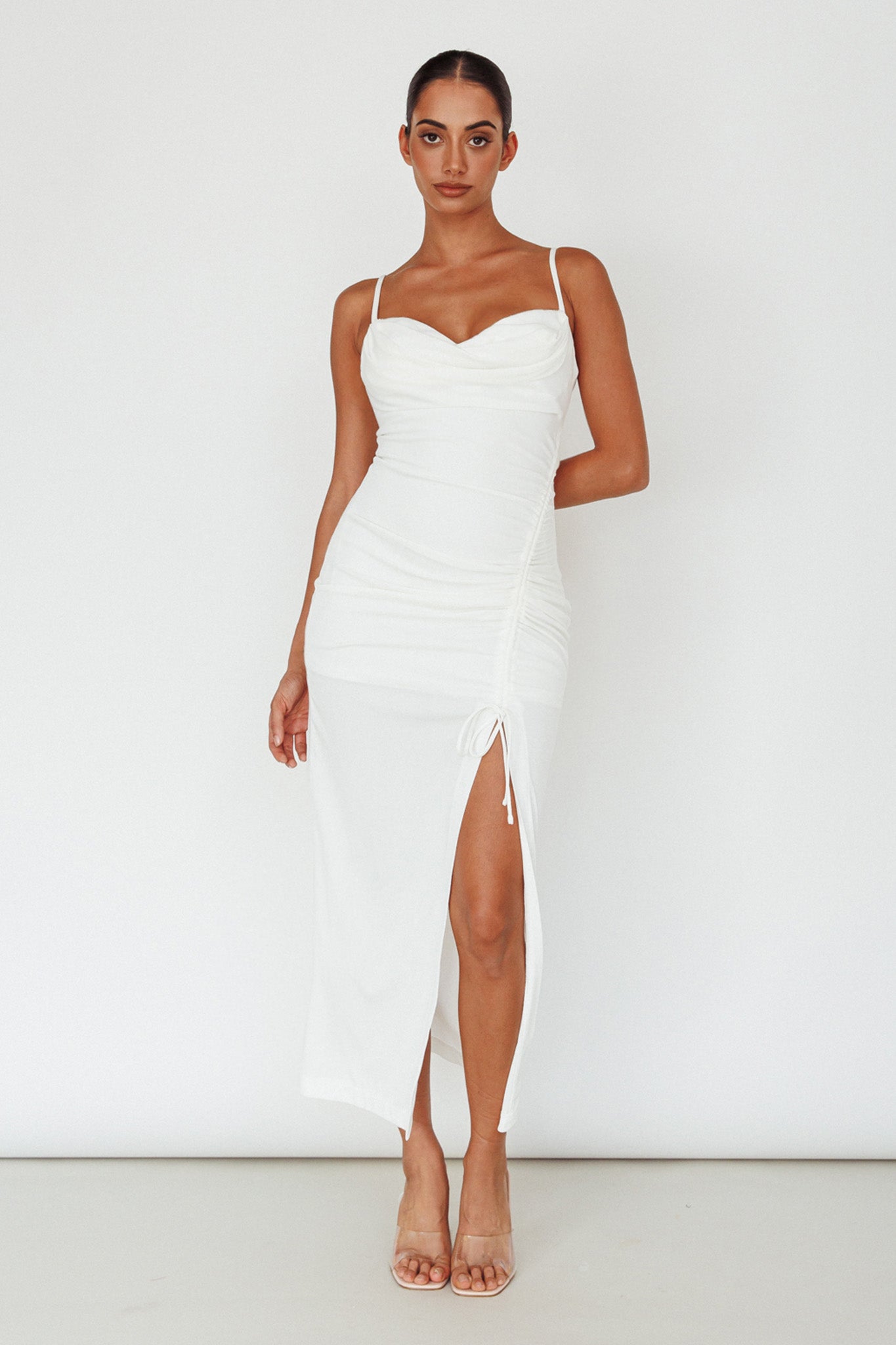 Samba Night Drawstring Ruched Midi Dress White by Selfie Leslie