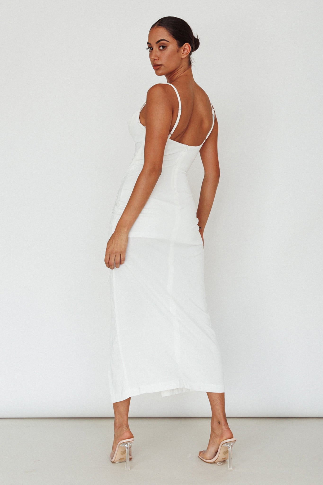 Samba Night Drawstring Ruched Midi Dress White by Selfie Leslie