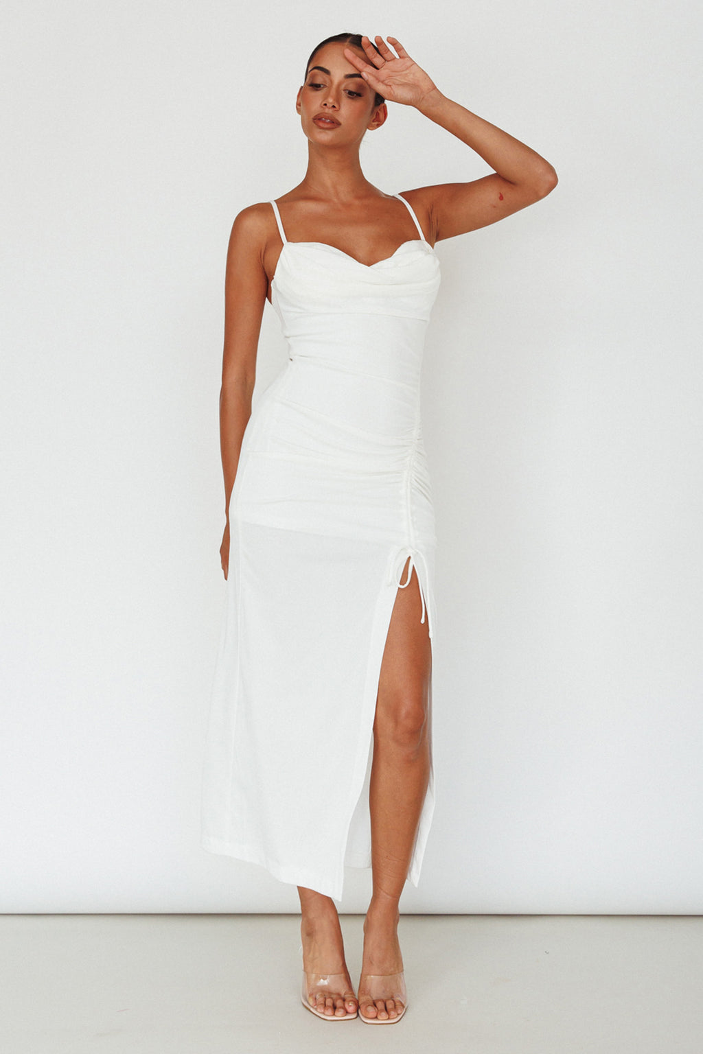 Samba Night Drawstring Ruched Midi Dress White by Selfie Leslie
