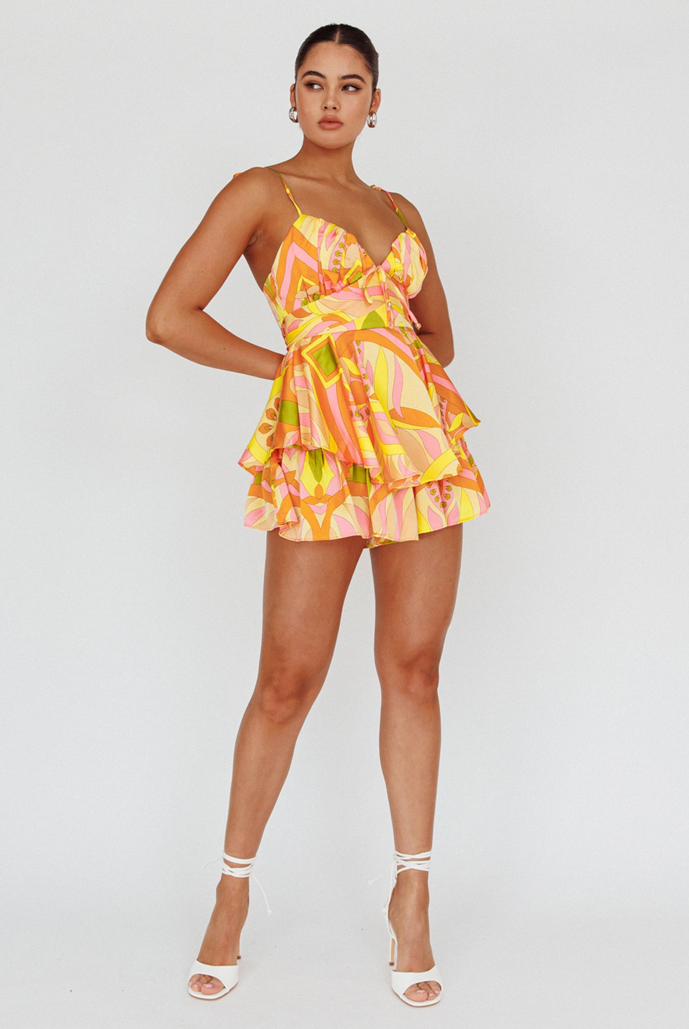 Happy Thoughts Tied Shoulder Romper Yellow Multi by Selfie Leslie