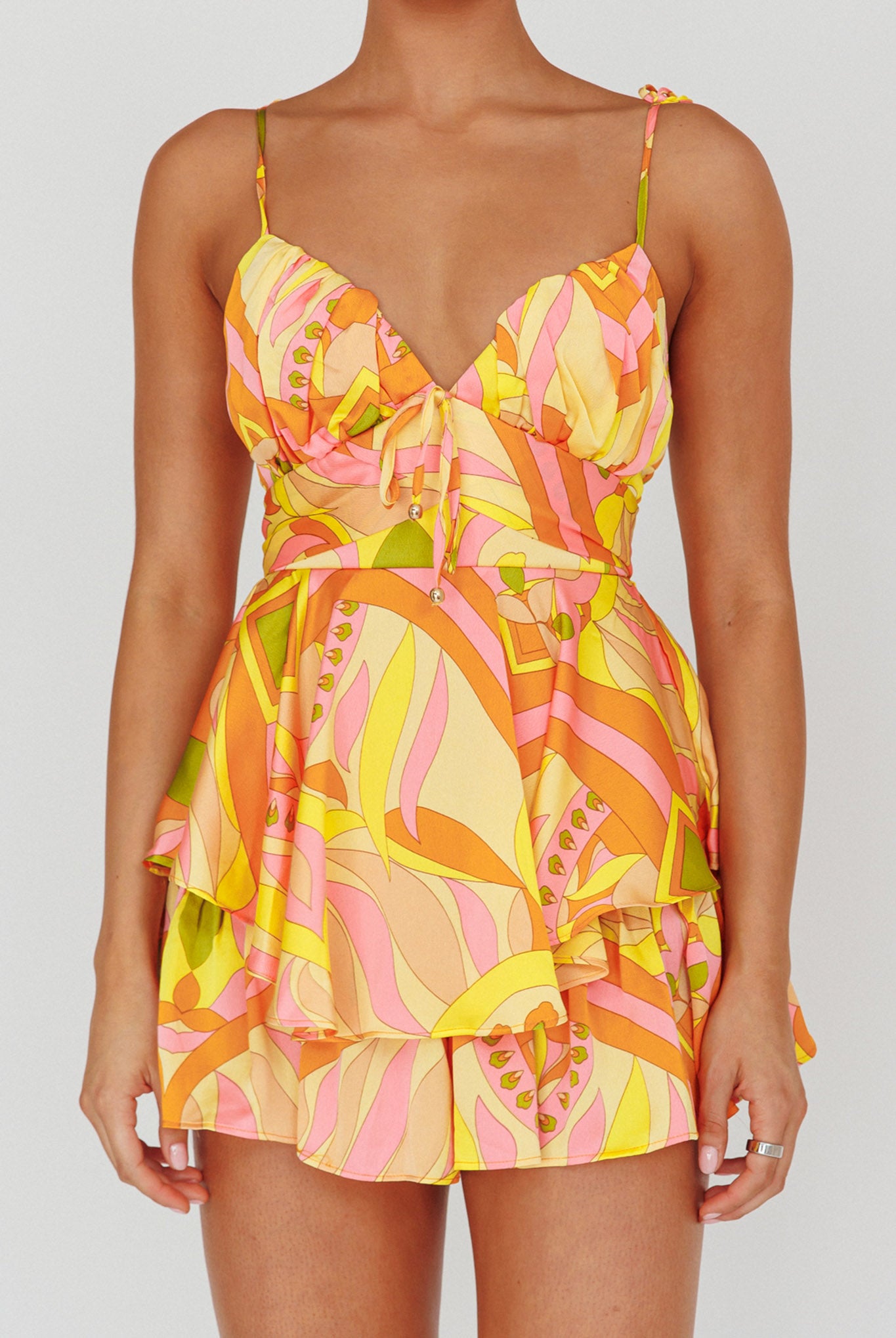 Happy Thoughts Tied Shoulder Romper Yellow Multi by Selfie Leslie