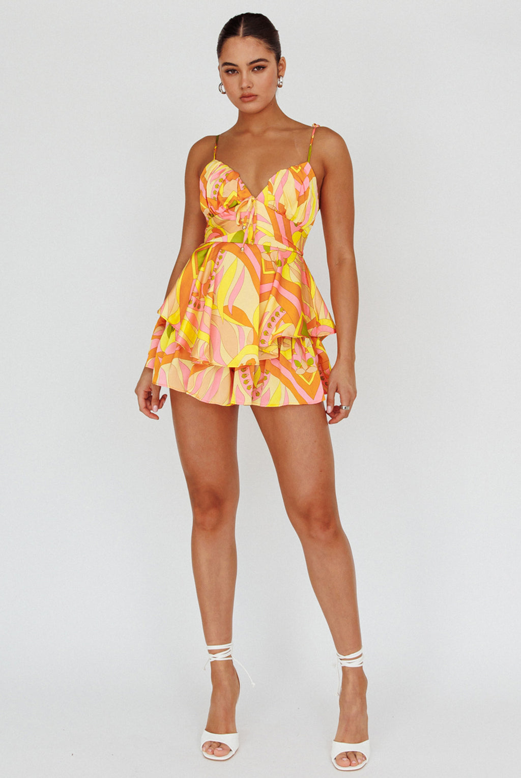 Happy Thoughts Tied Shoulder Romper Yellow Multi by Selfie Leslie
