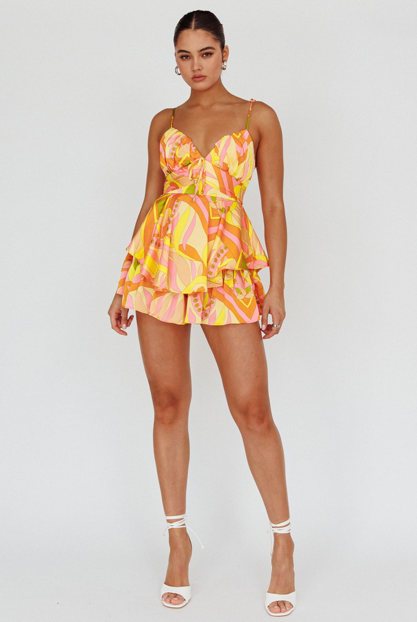 Happy Thoughts Tied Shoulder Romper Yellow Multi by Selfie Leslie