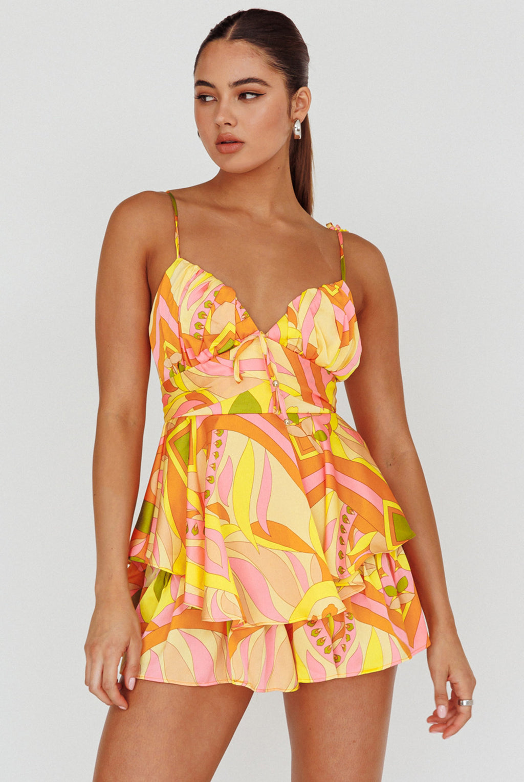 Happy Thoughts Tied Shoulder Romper Yellow Multi by Selfie Leslie