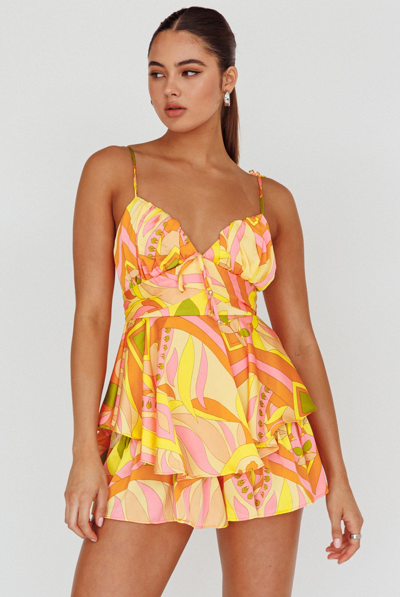 Happy Thoughts Tied Shoulder Romper Yellow Multi by Selfie Leslie