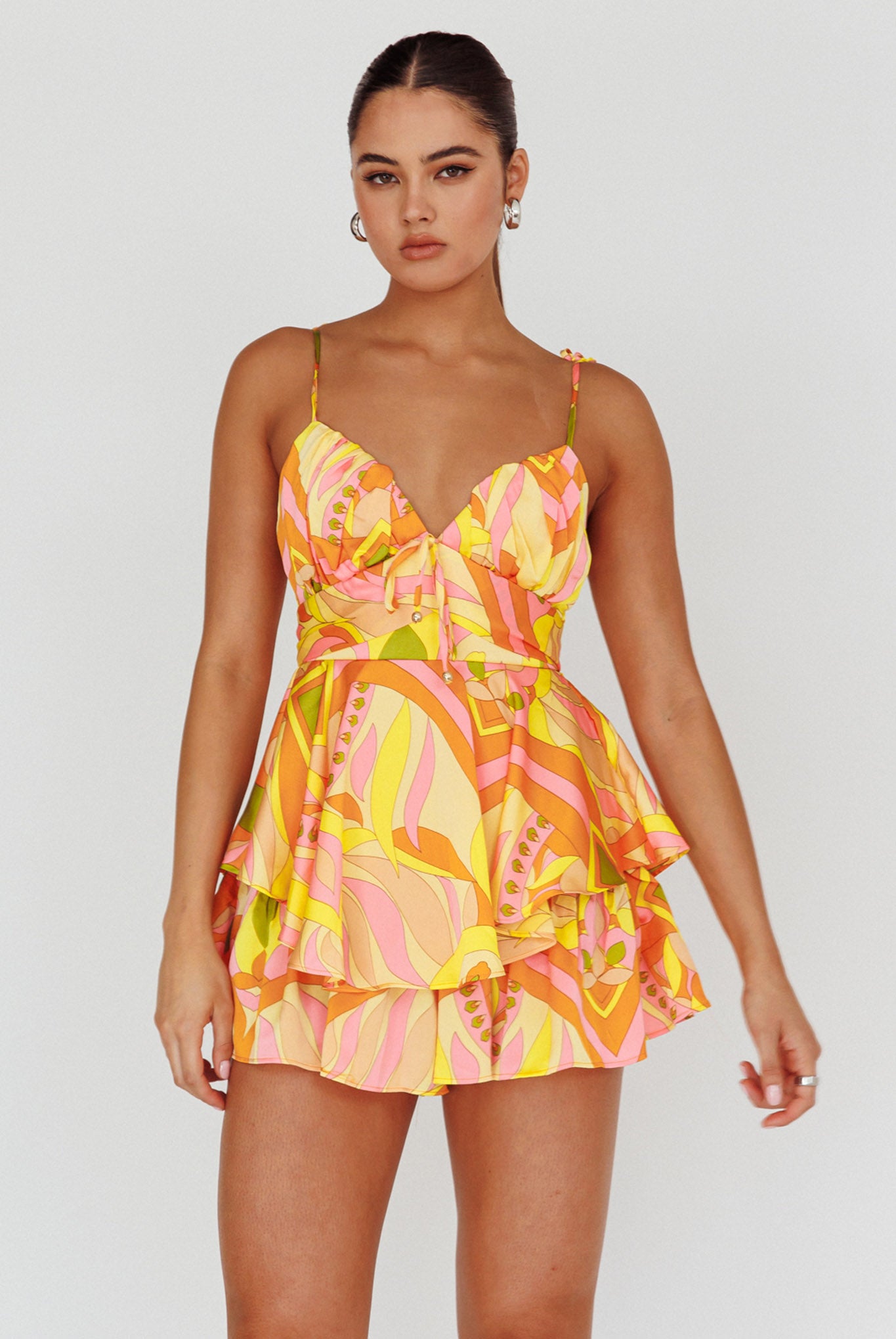 Happy Thoughts Tied Shoulder Romper Yellow Multi by Selfie Leslie