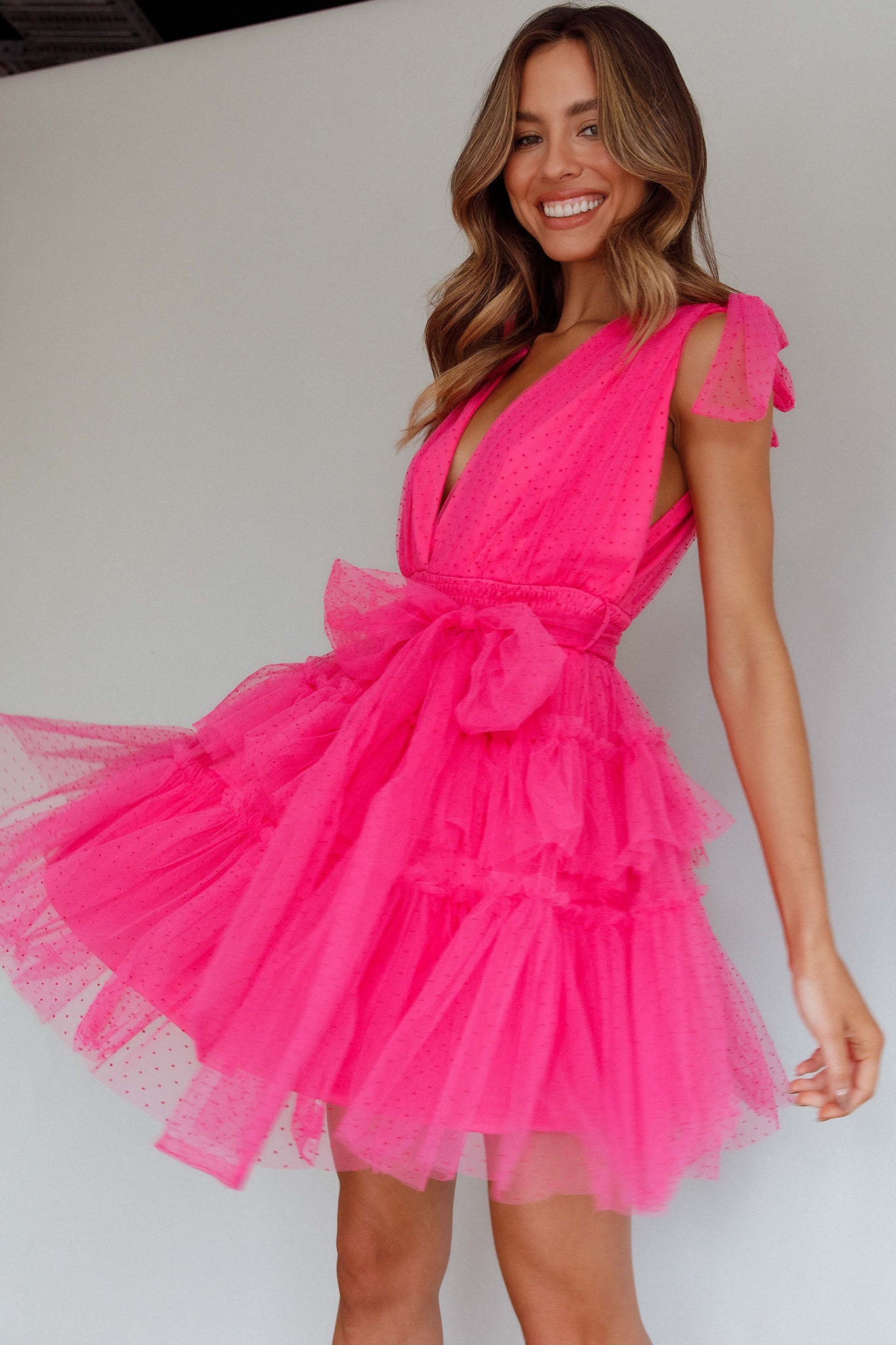 Lyra Spotted Tulle Mini Dress Hot Pink by Selfie Leslie
