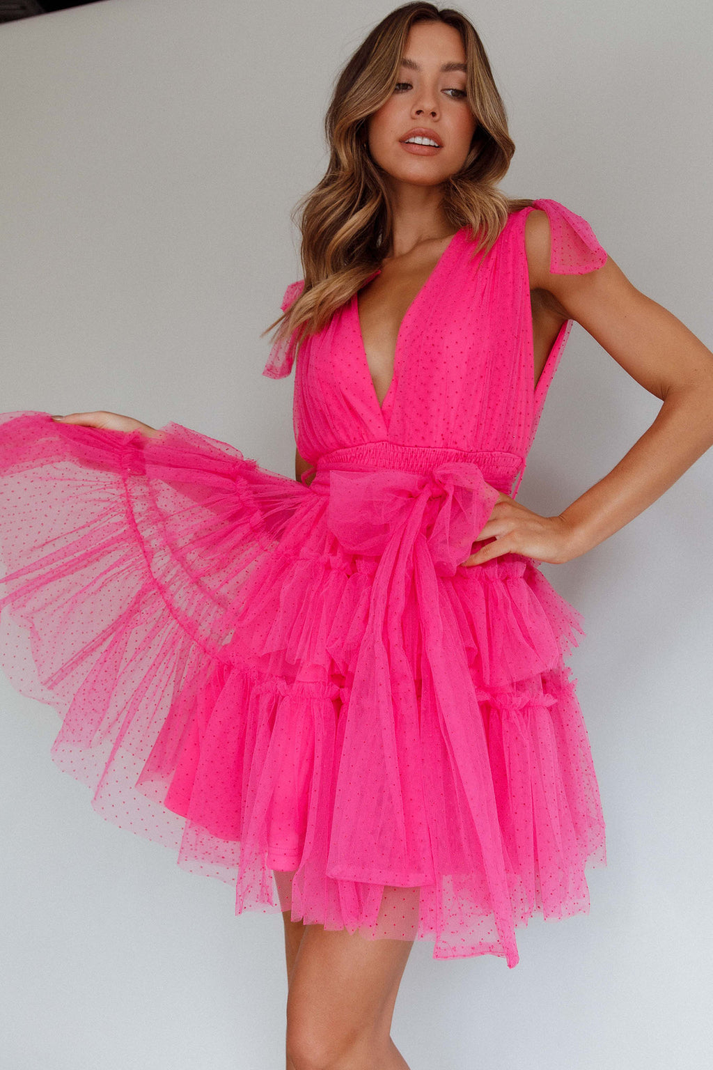Lyra Spotted Tulle Mini Dress Hot Pink by Selfie Leslie