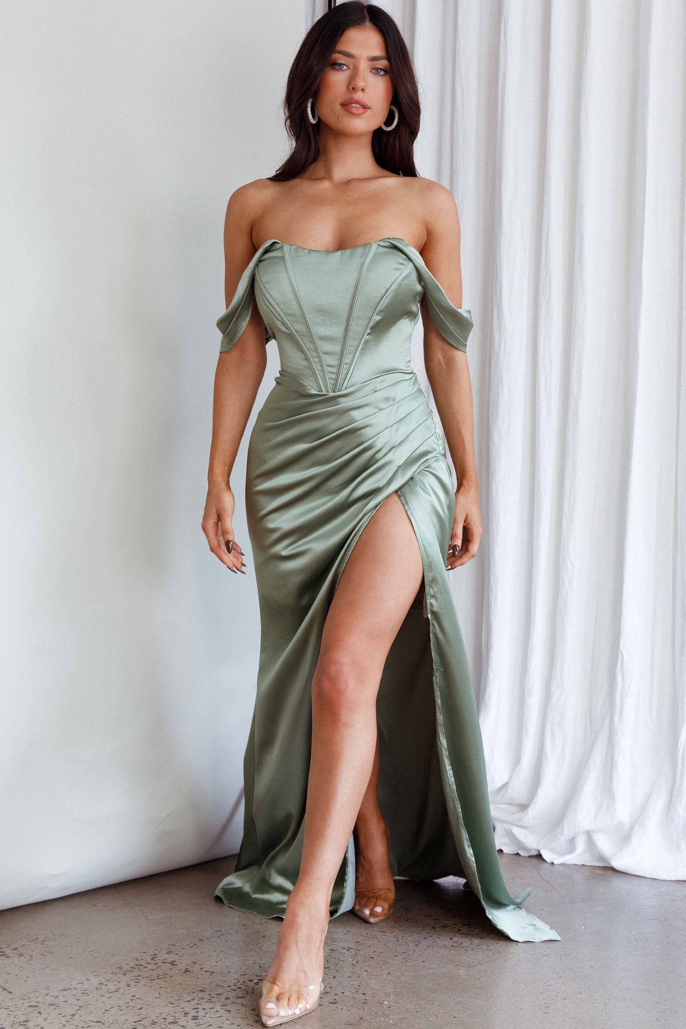 Novara Corset Bust Satin Dress Olive by Selfie Leslie