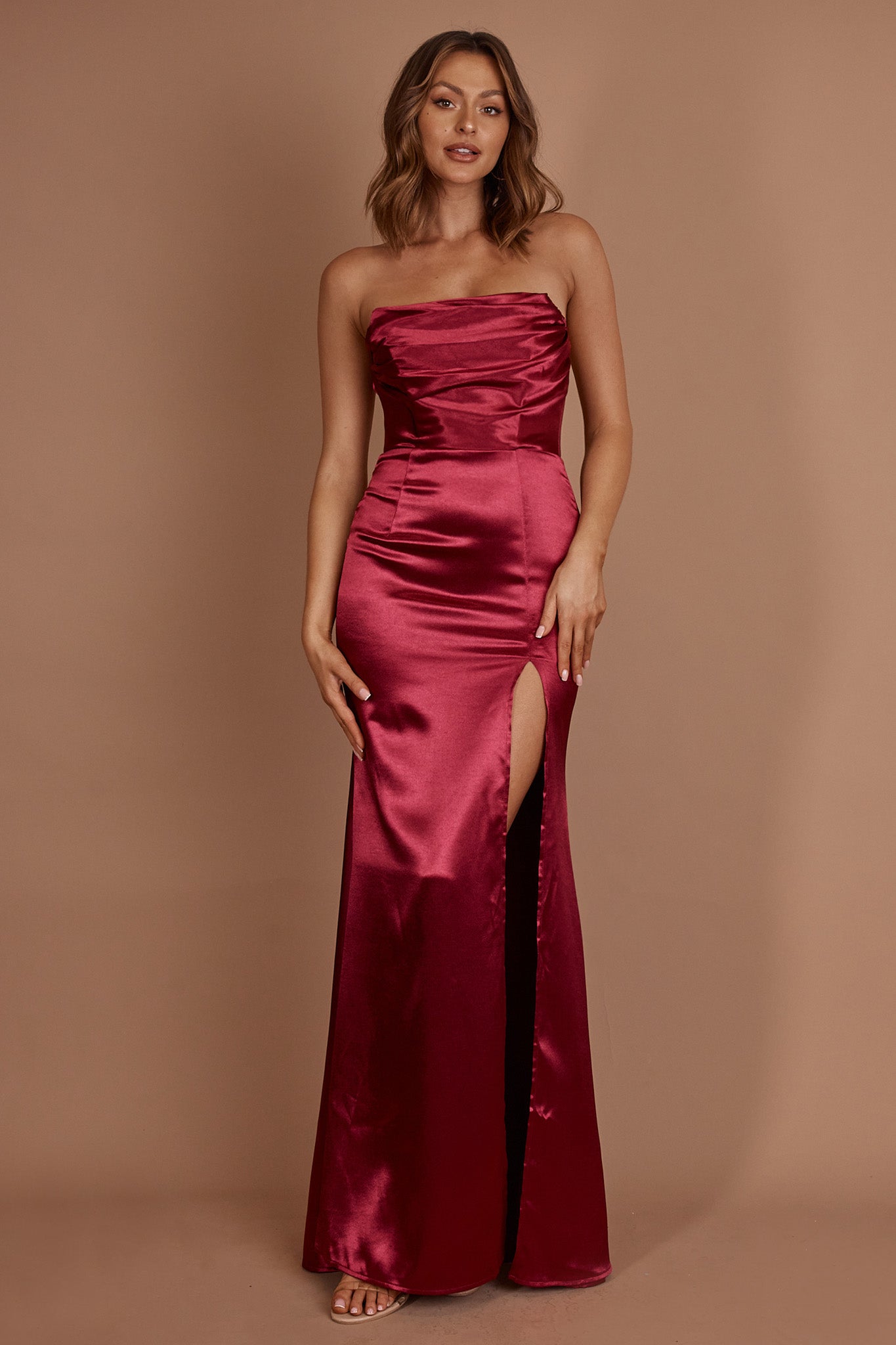 burgundy thigh split dress Burgundy Velvet Thigh-high Slit Simple Prom Dress