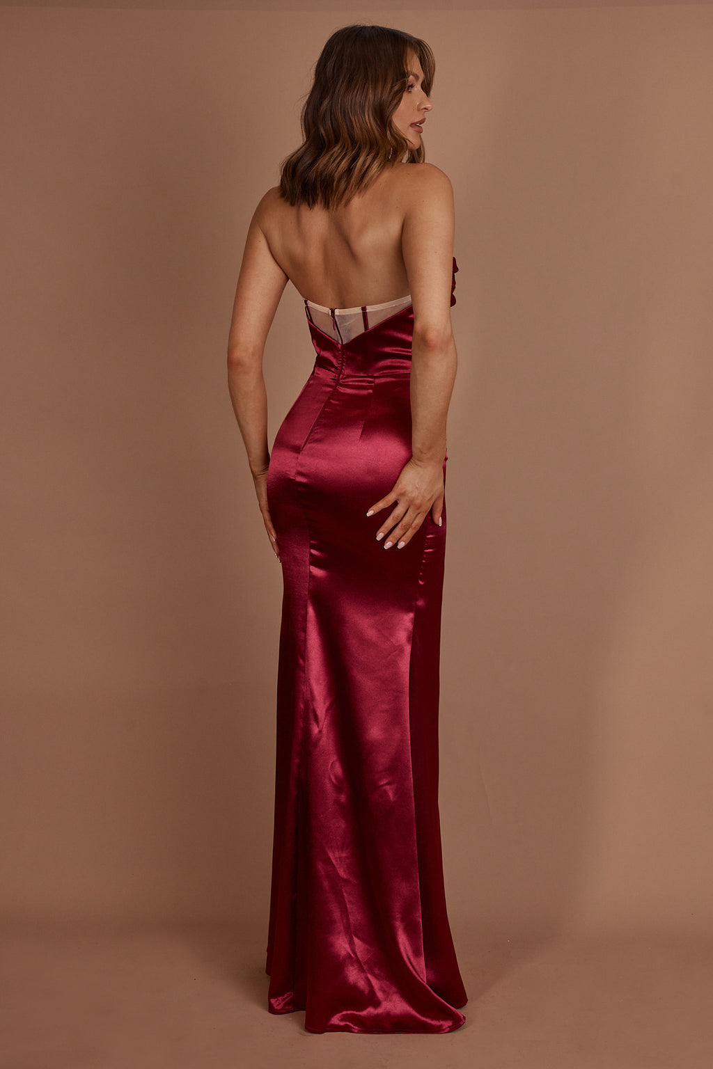 Kalisa Strapless Thigh Split Maxi Dress Burgundy by Selfie Leslie