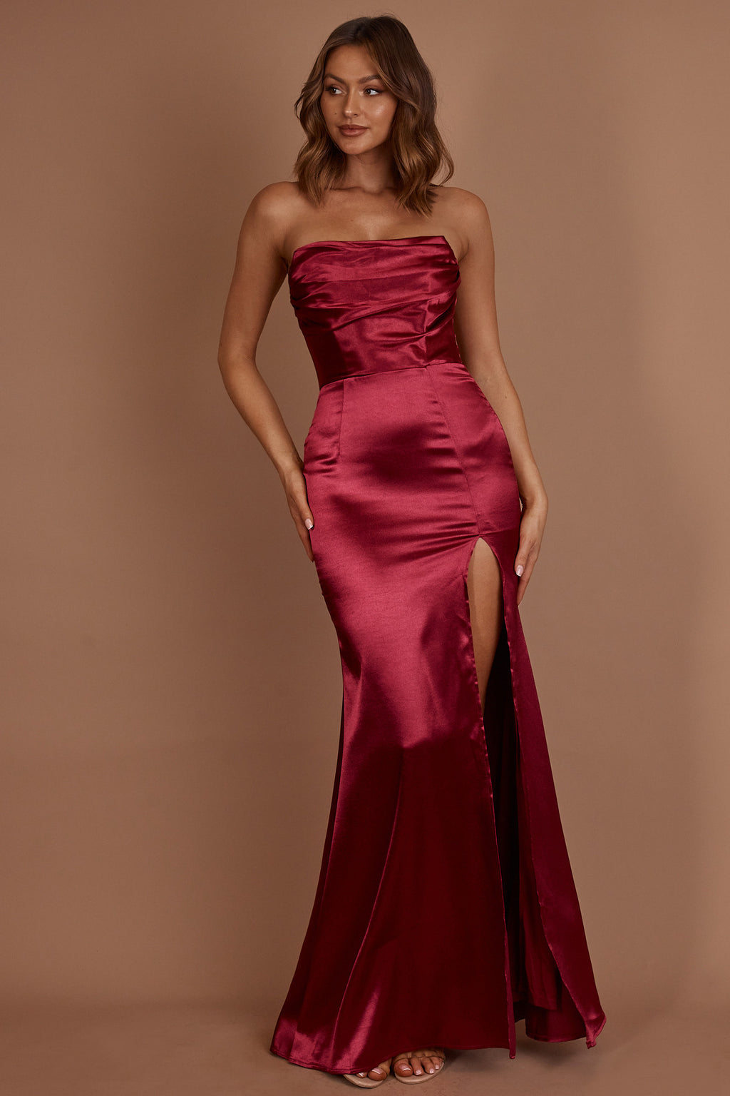 Kalisa Strapless Thigh Split Maxi Dress Burgundy by Selfie Leslie