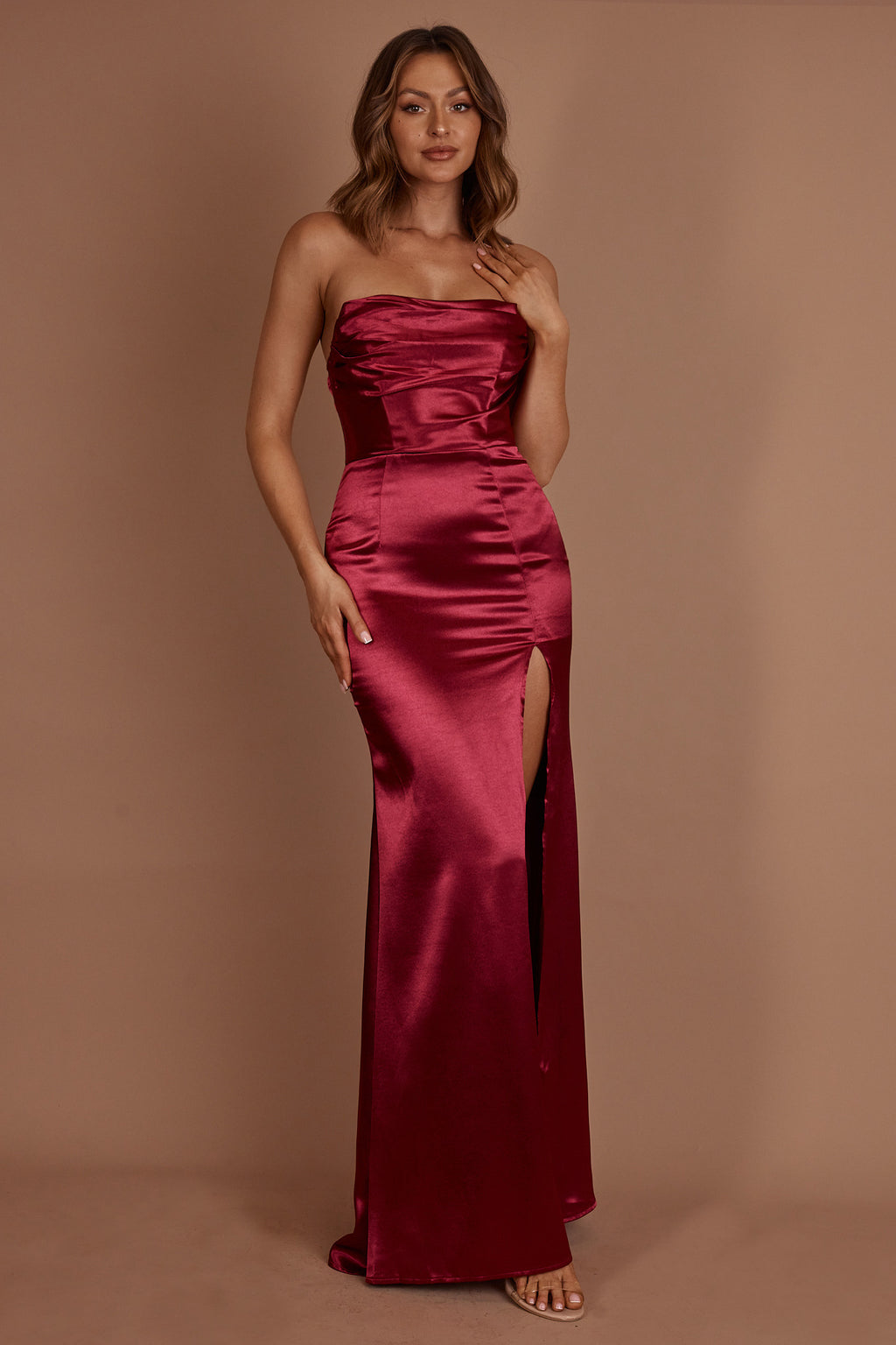 Kalisa Strapless Thigh Split Maxi Dress Burgundy by Selfie Leslie