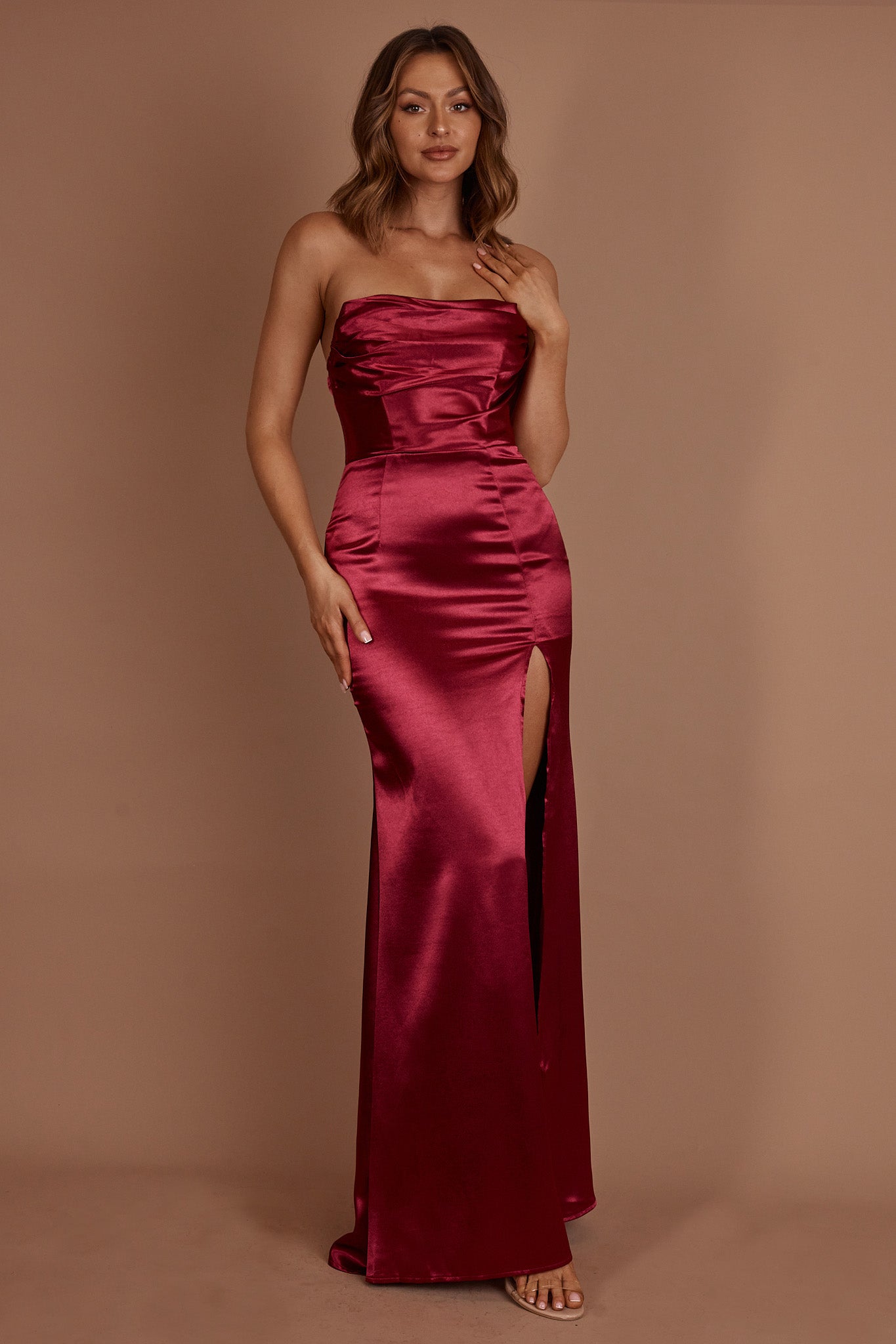 Kalisa Strapless Thigh Split Maxi Dress Burgundy by Selfie Leslie