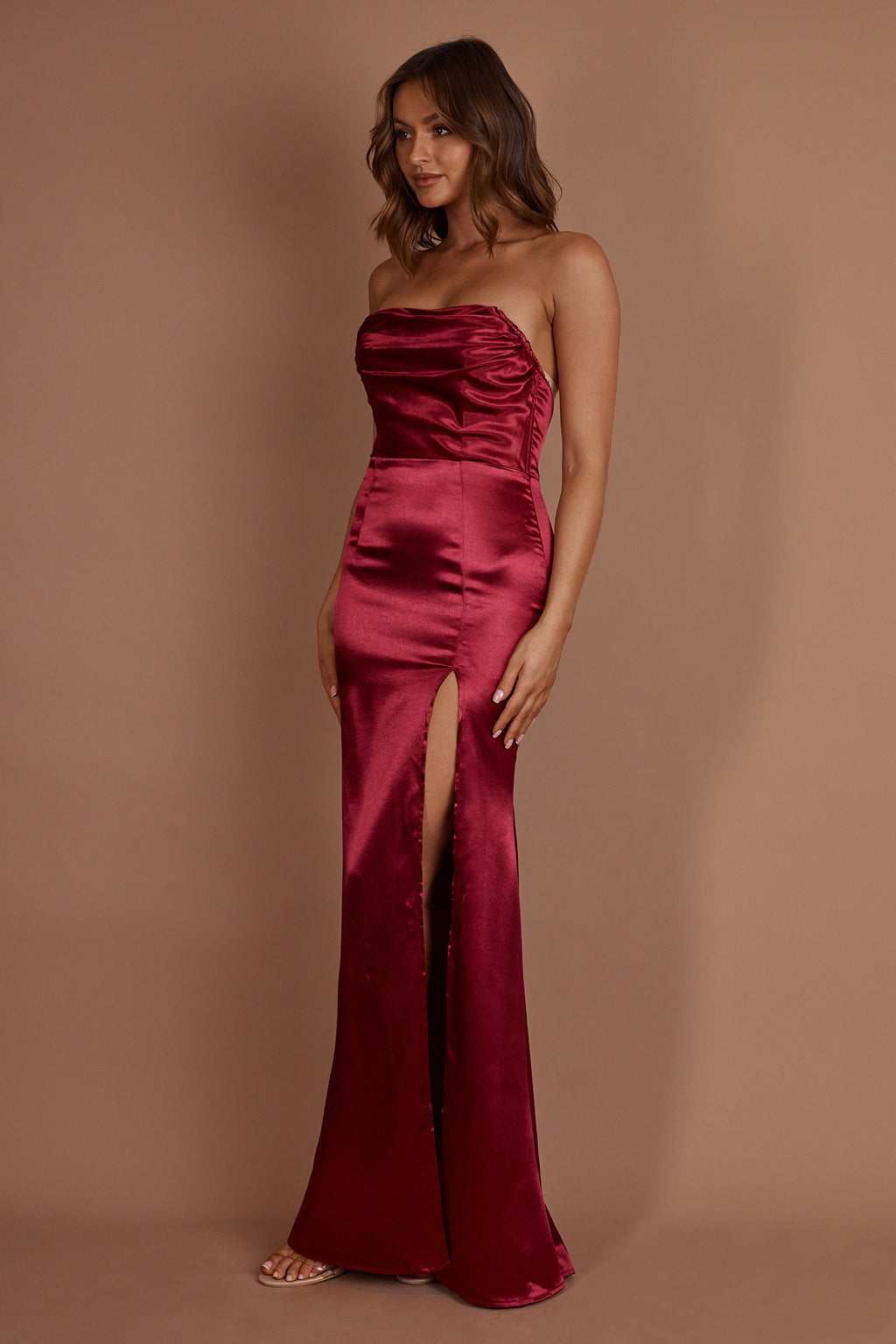 Kalisa Strapless Thigh Split Maxi Dress Burgundy by Selfie Leslie