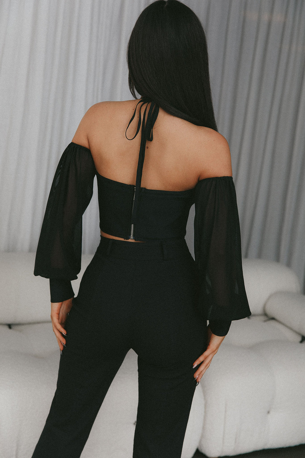 Adonica Halterneck Lantern Sleeve Top Black by Selfie Leslie