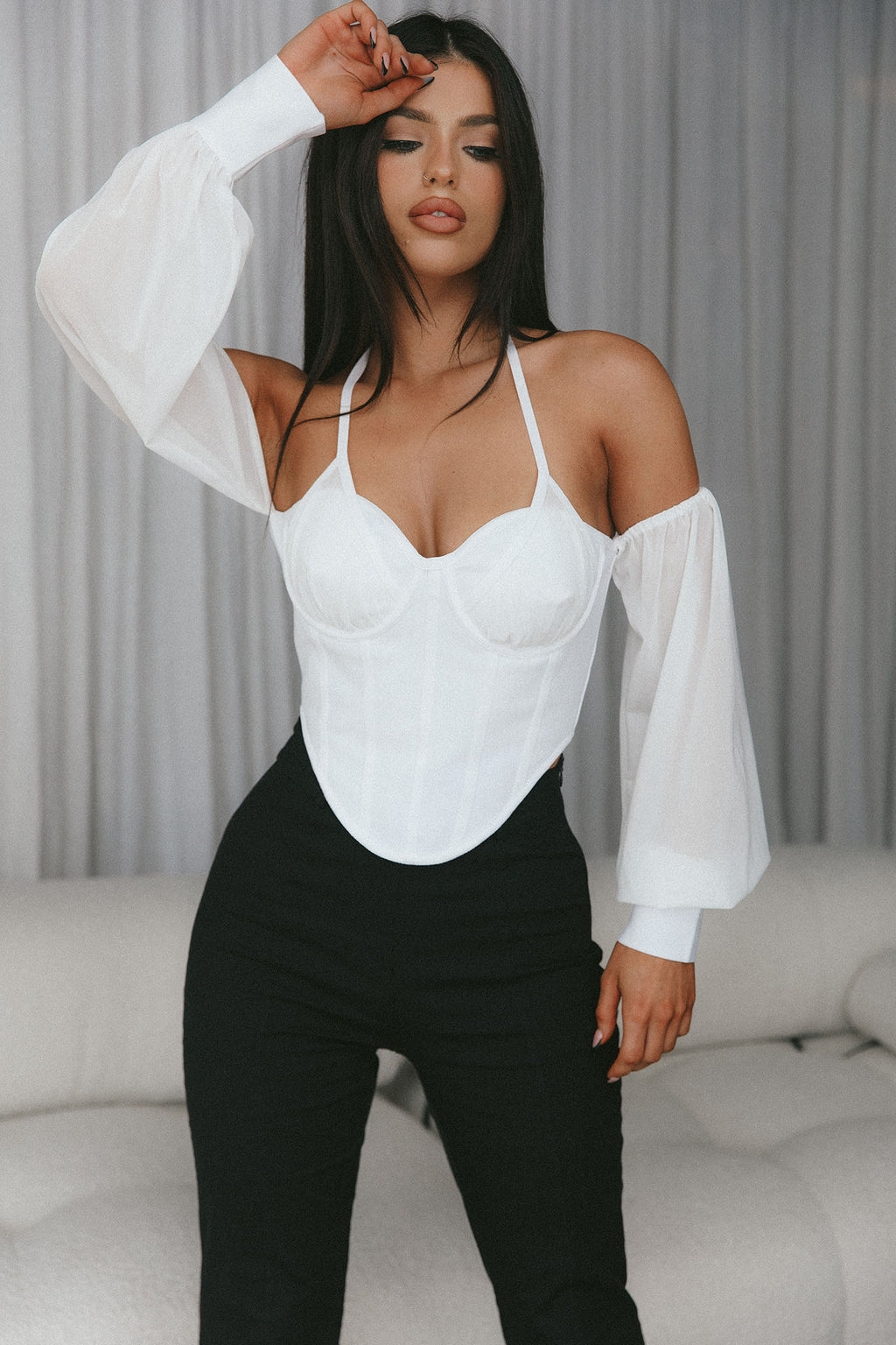 Adonica Halterneck Lantern Sleeve Top White by Selfie Leslie