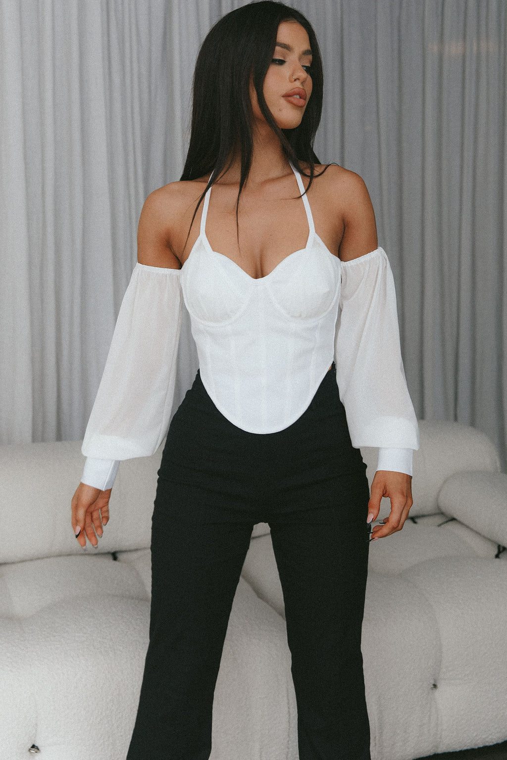 Adonica Halterneck Lantern Sleeve Top White by Selfie Leslie