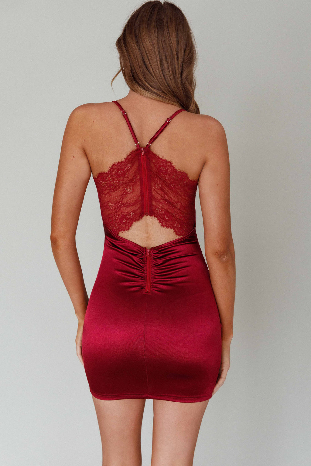 Michi Lace Back Mini Dress Burgundy by Selfie Leslie