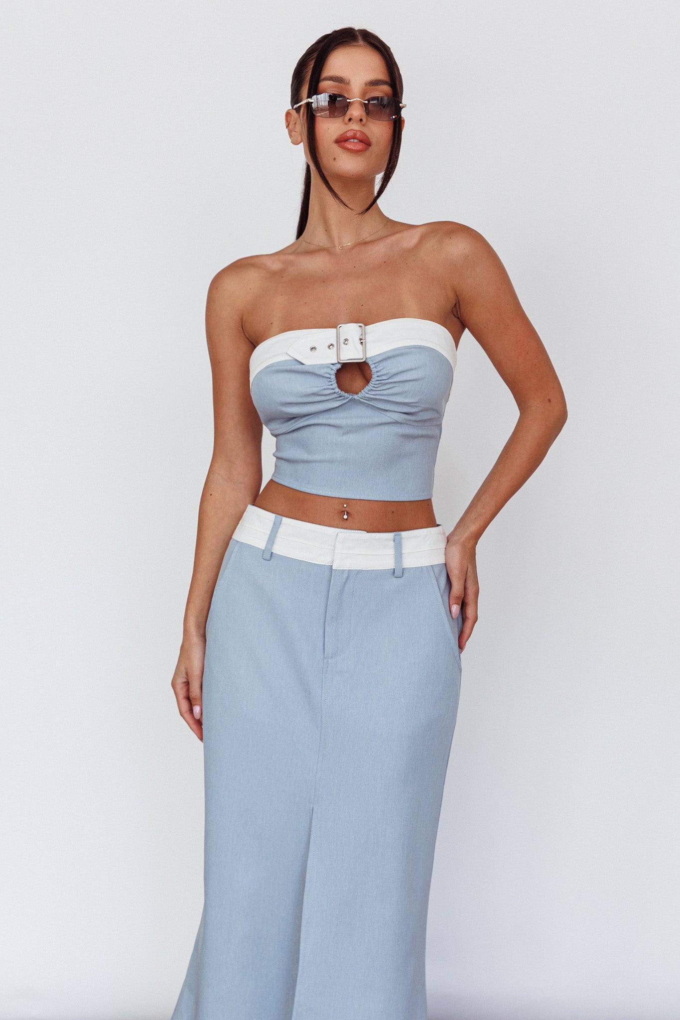 In My Era Front Split Midi Skirt Washed Blue by Selfie Leslie