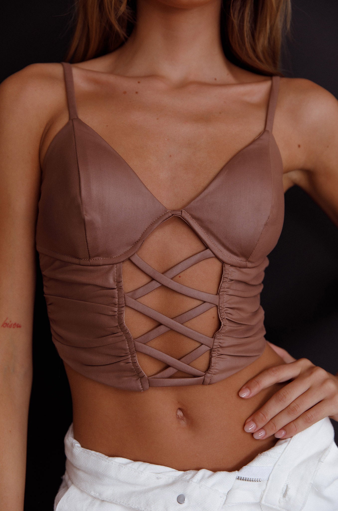 Miette Criss-Cross Crop Top Camel by Selfie Leslie