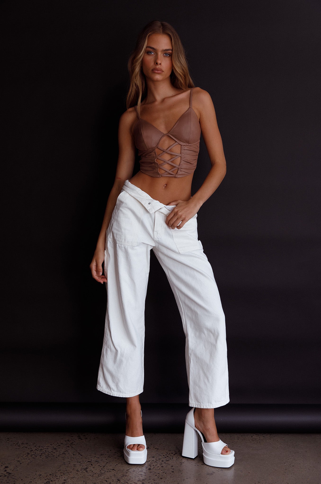 Miette Criss-Cross Crop Top Camel by Selfie Leslie