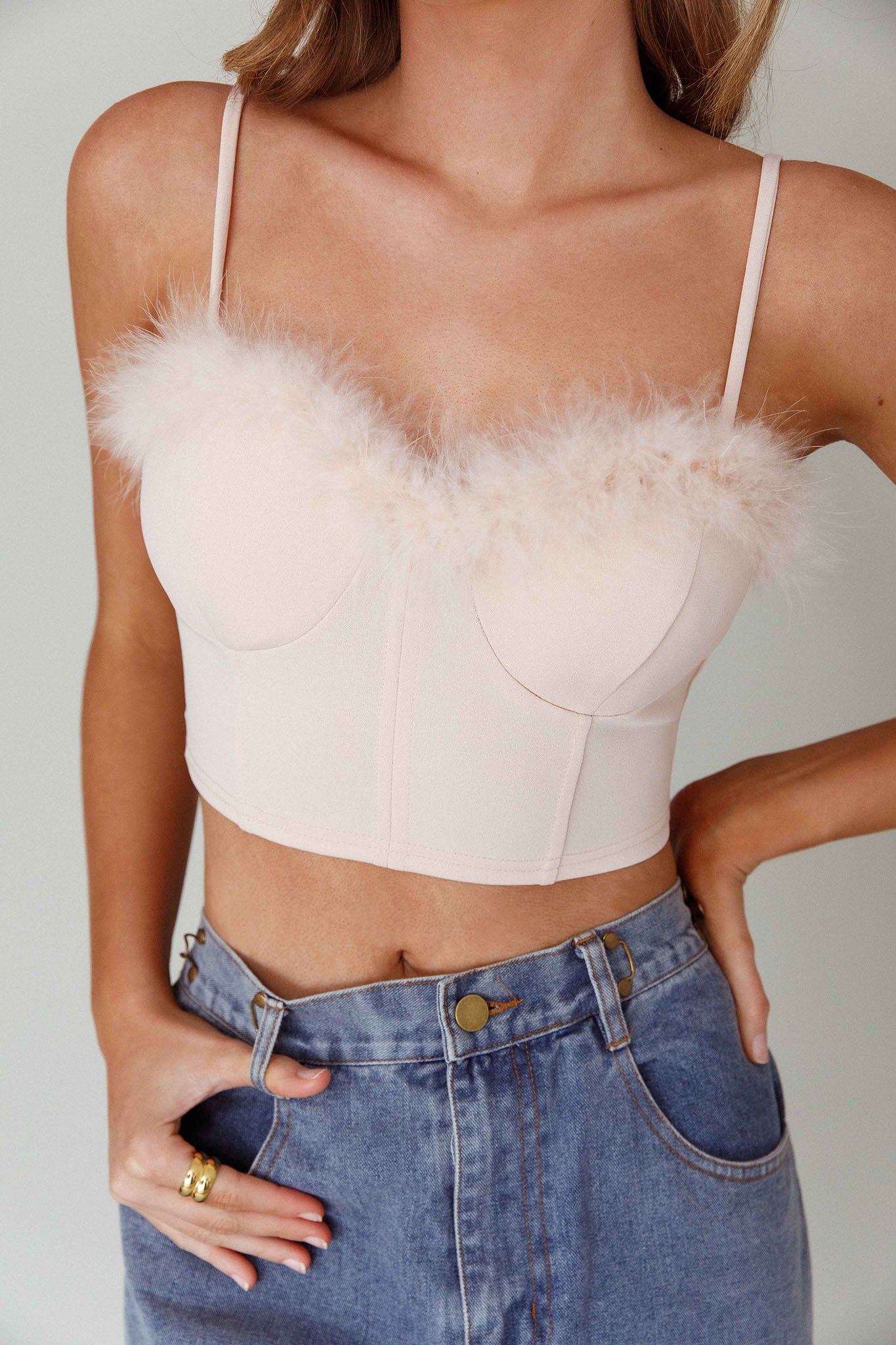 Jovi Feather-Trim Crop Top Nude by Selfie Leslie