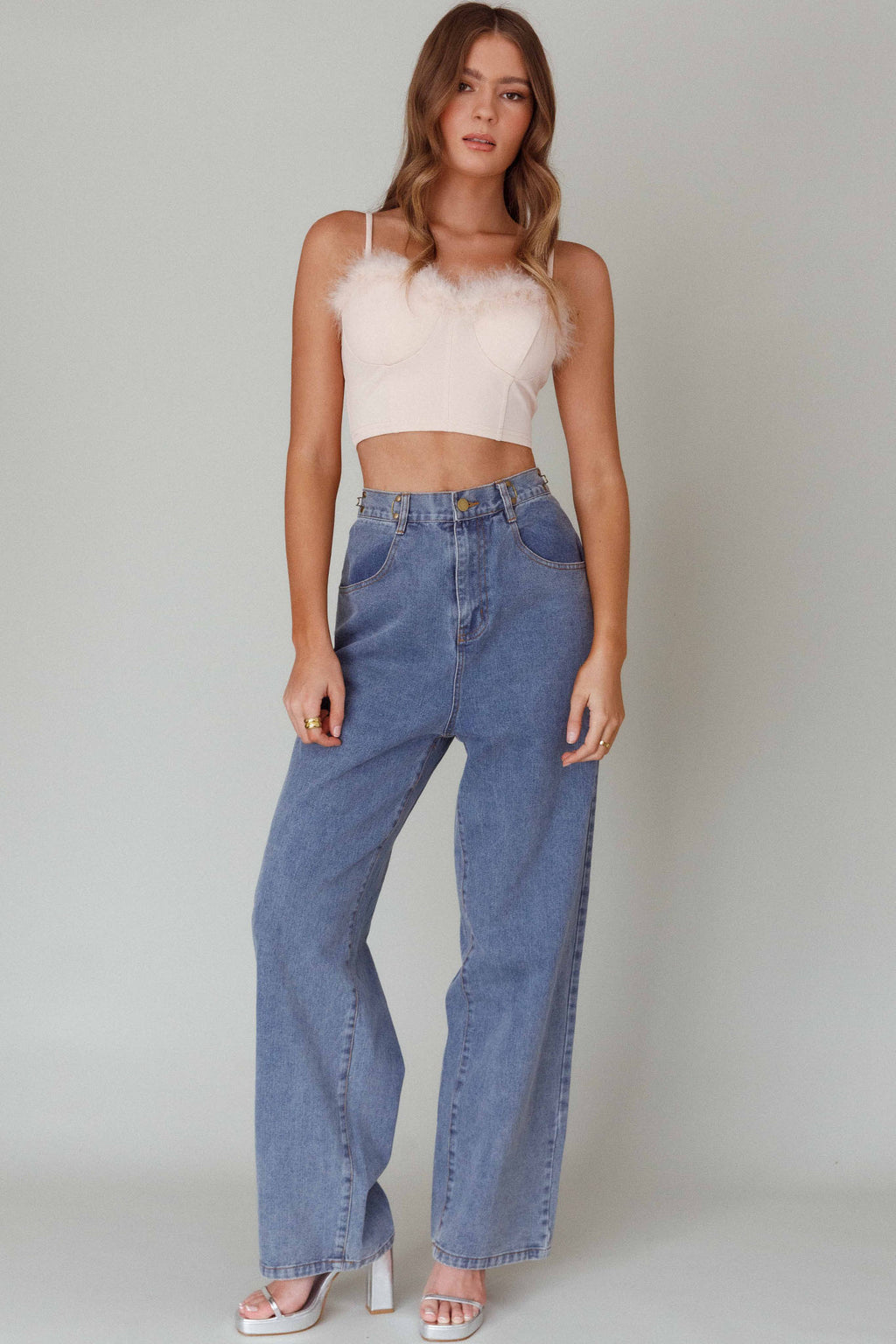 Jovi Feather-Trim Crop Top Nude by Selfie Leslie