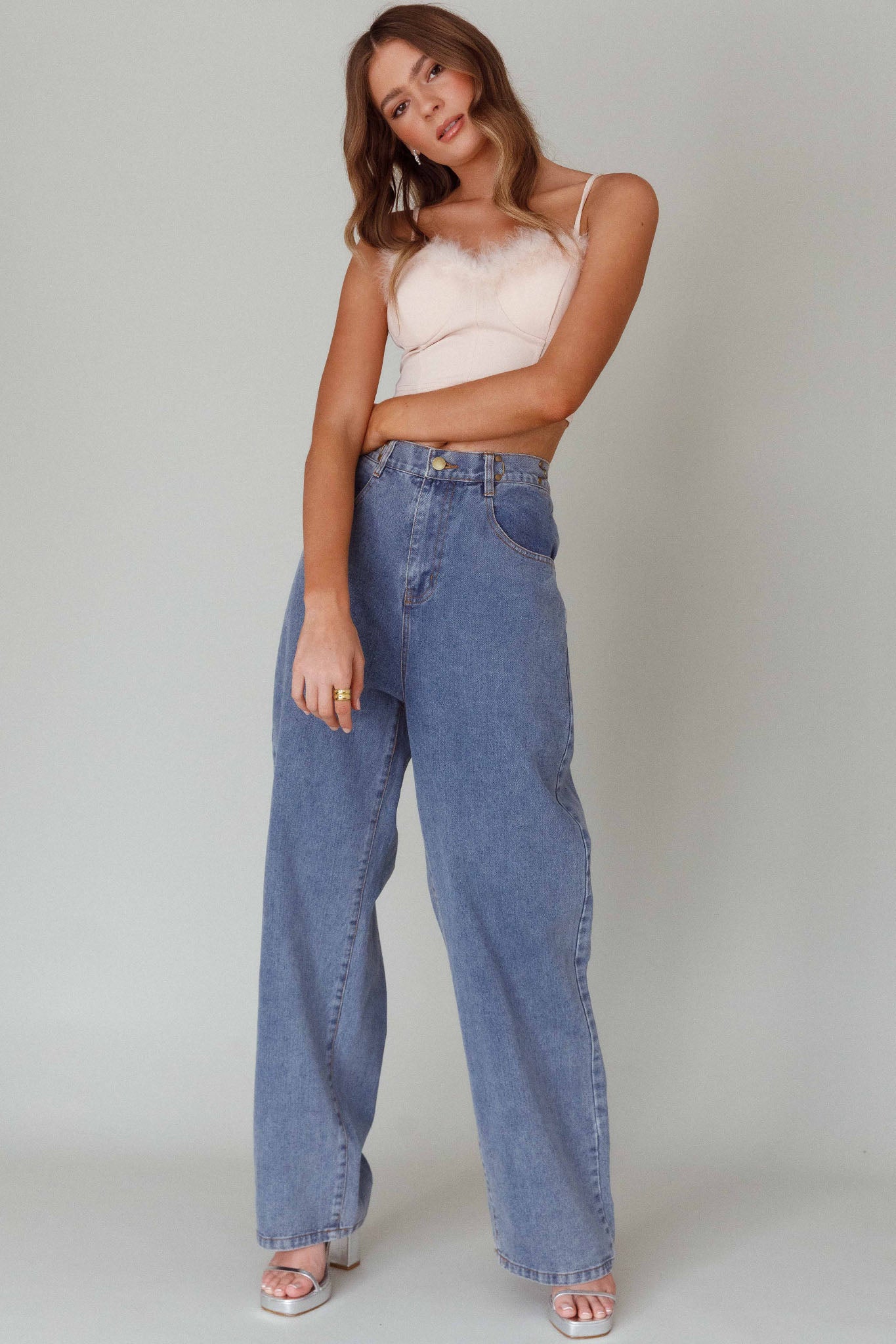 Jovi Feather-Trim Crop Top Nude by Selfie Leslie
