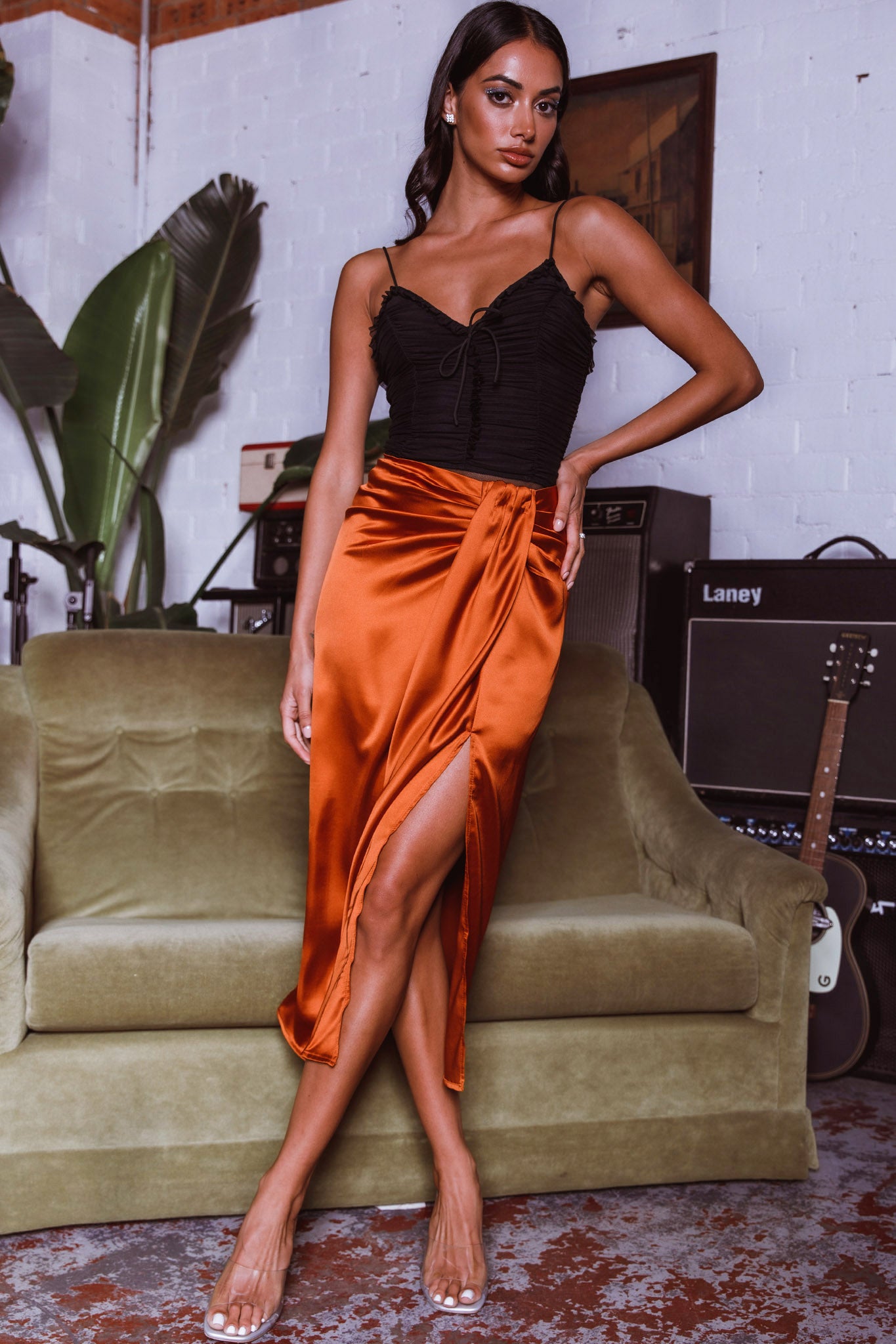 On The Money Gathered Midi Skirt Camel by Selfie Leslie