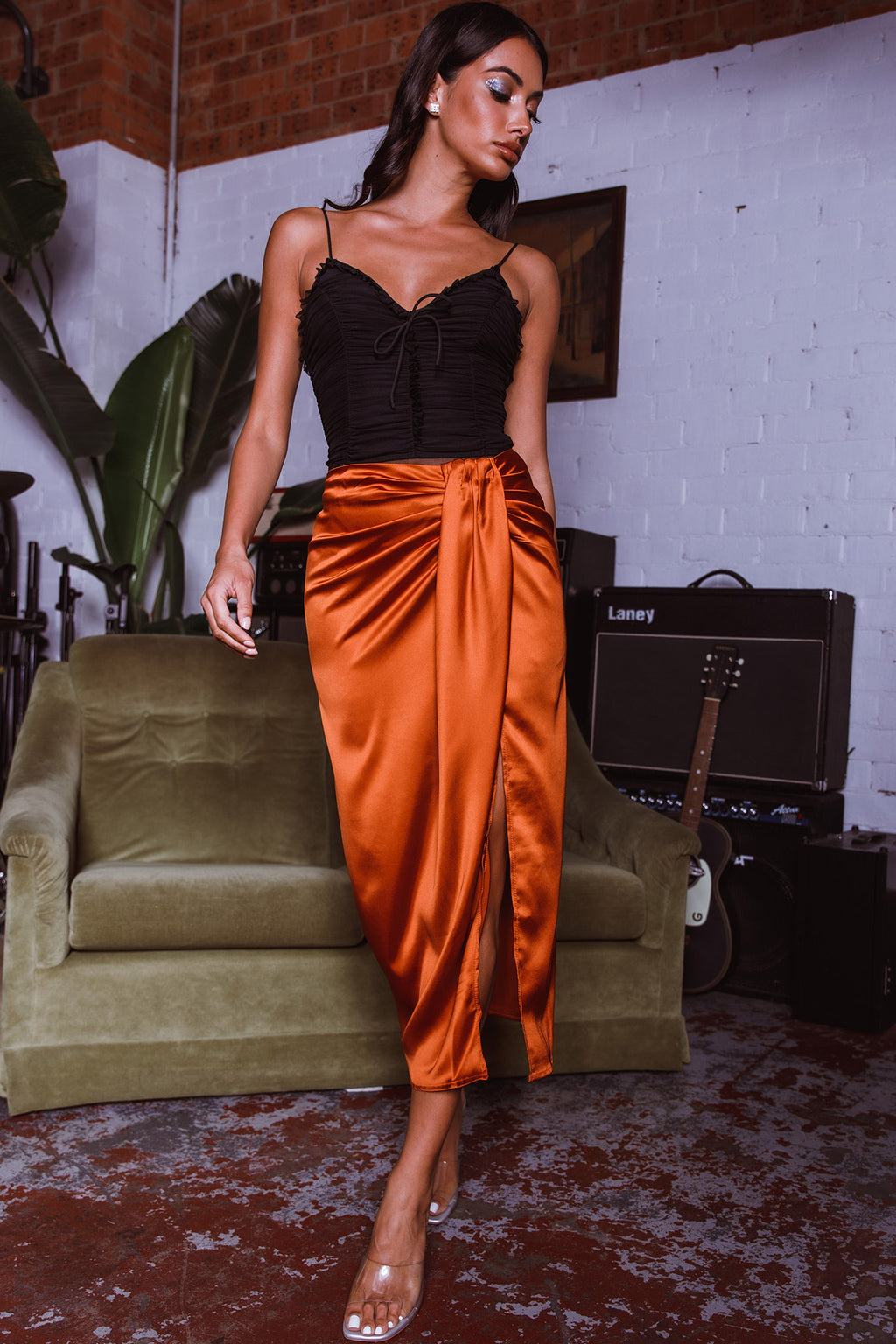 On The Money Gathered Midi Skirt Camel by Selfie Leslie