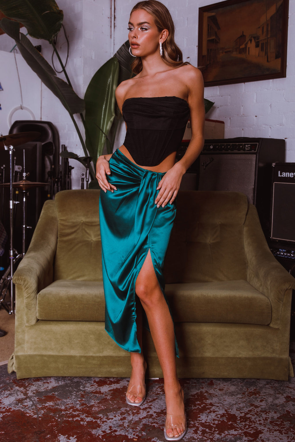 On The Money Gathered Midi Skirt Green by Selfie Leslie