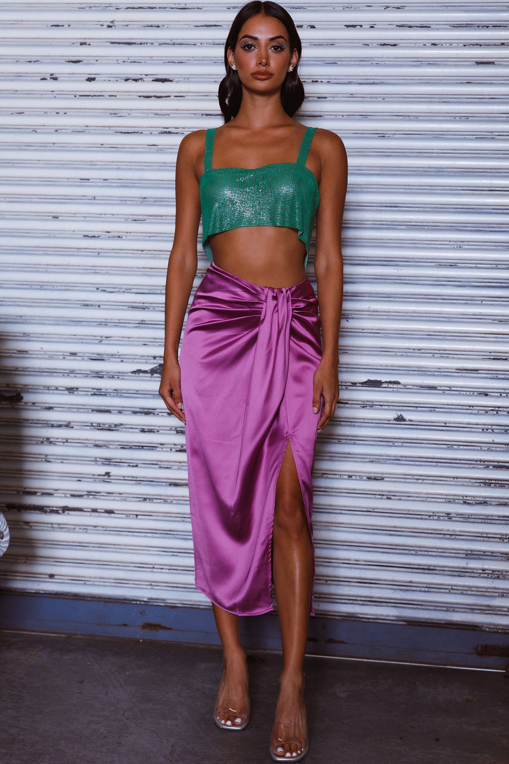 On The Money Gathered Midi Skirt Orchid by Selfie Leslie