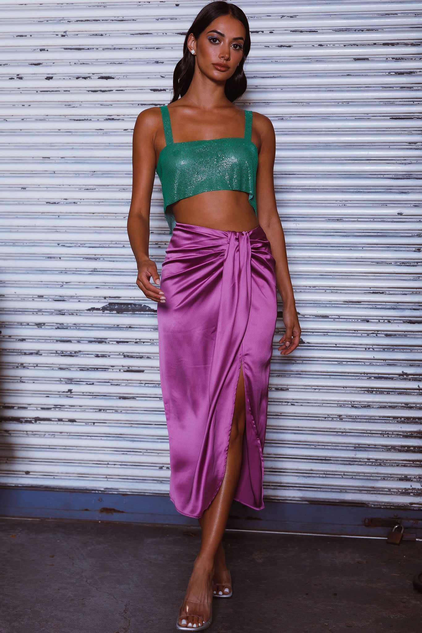 On The Money Gathered Midi Skirt Orchid by Selfie Leslie