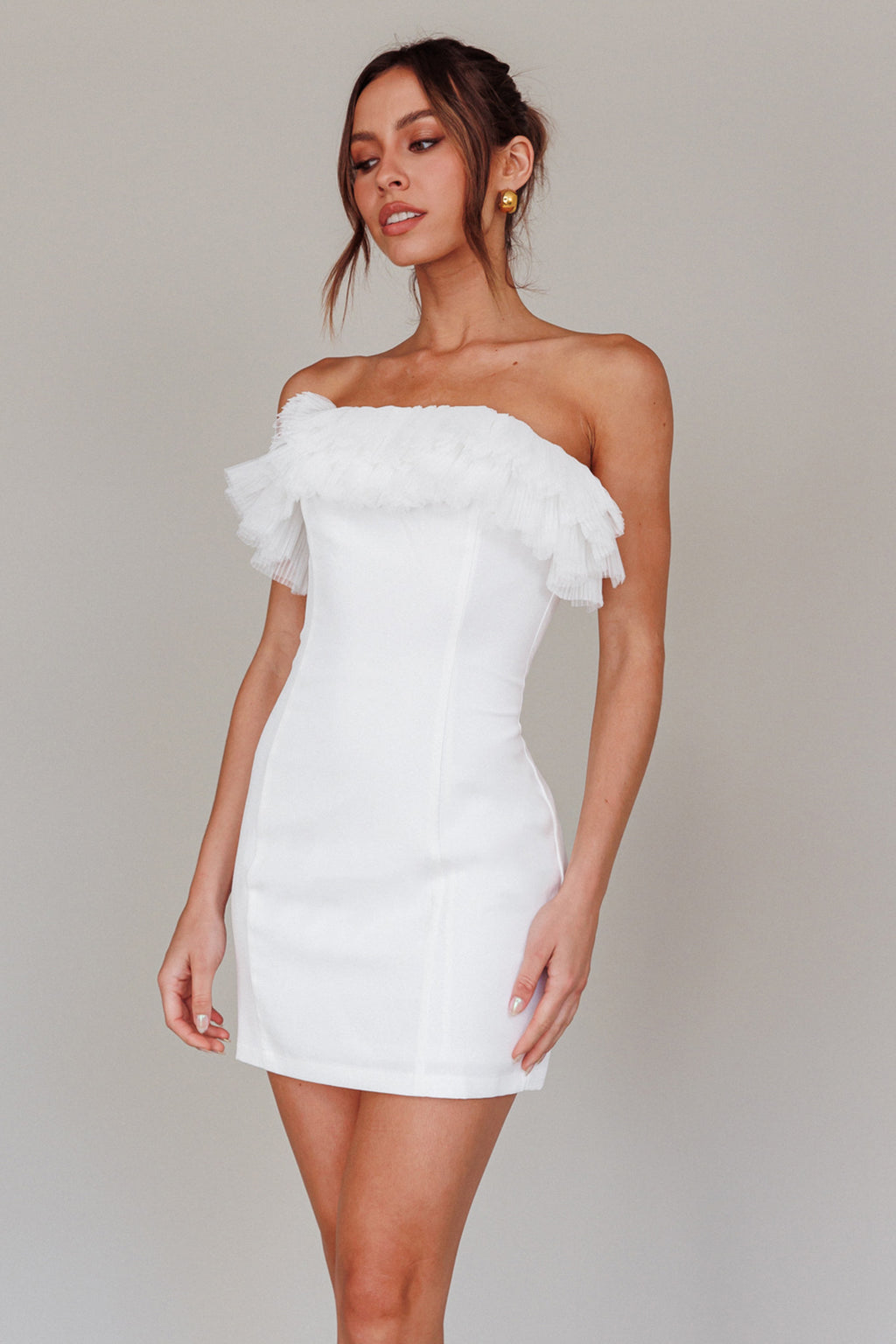 Elara Frill Neckline Mini Dress Off White by Selfie Leslie