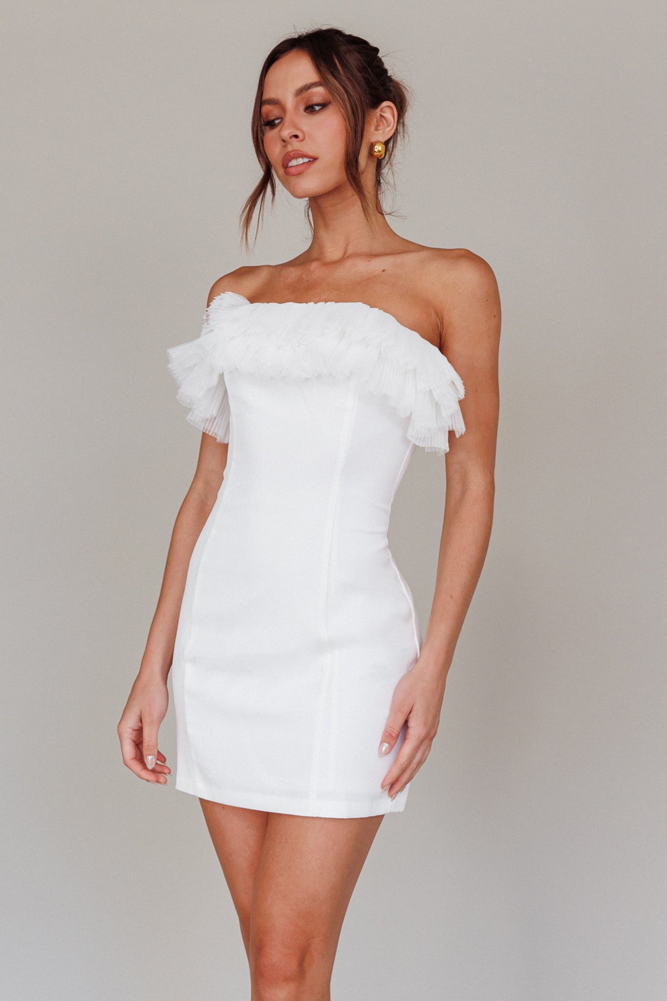 Elara Frill Neckline Mini Dress Off White by Selfie Leslie