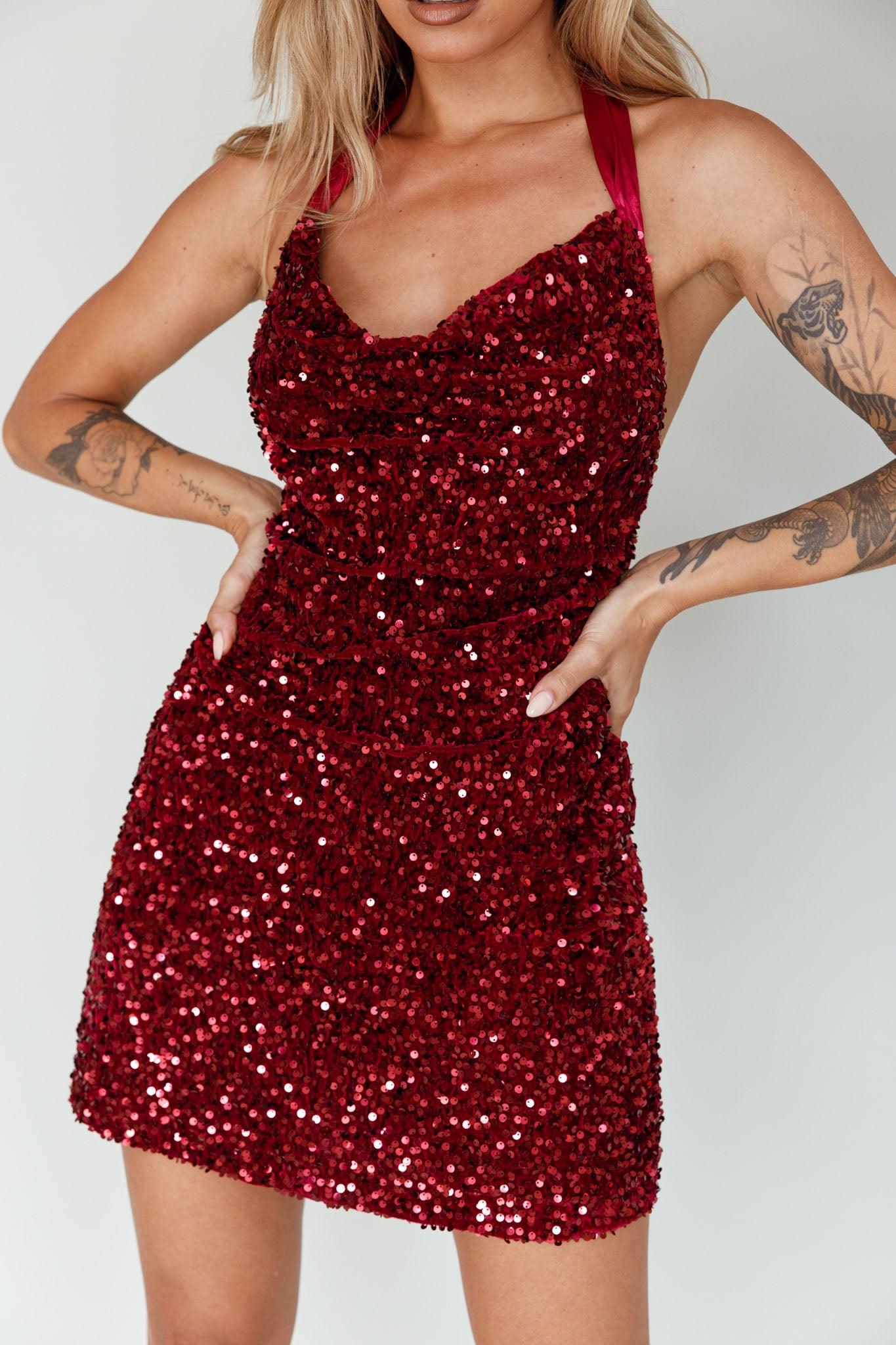 Star Lights Halterneck Mini Dress Sequin Merlot by Selfie Leslie