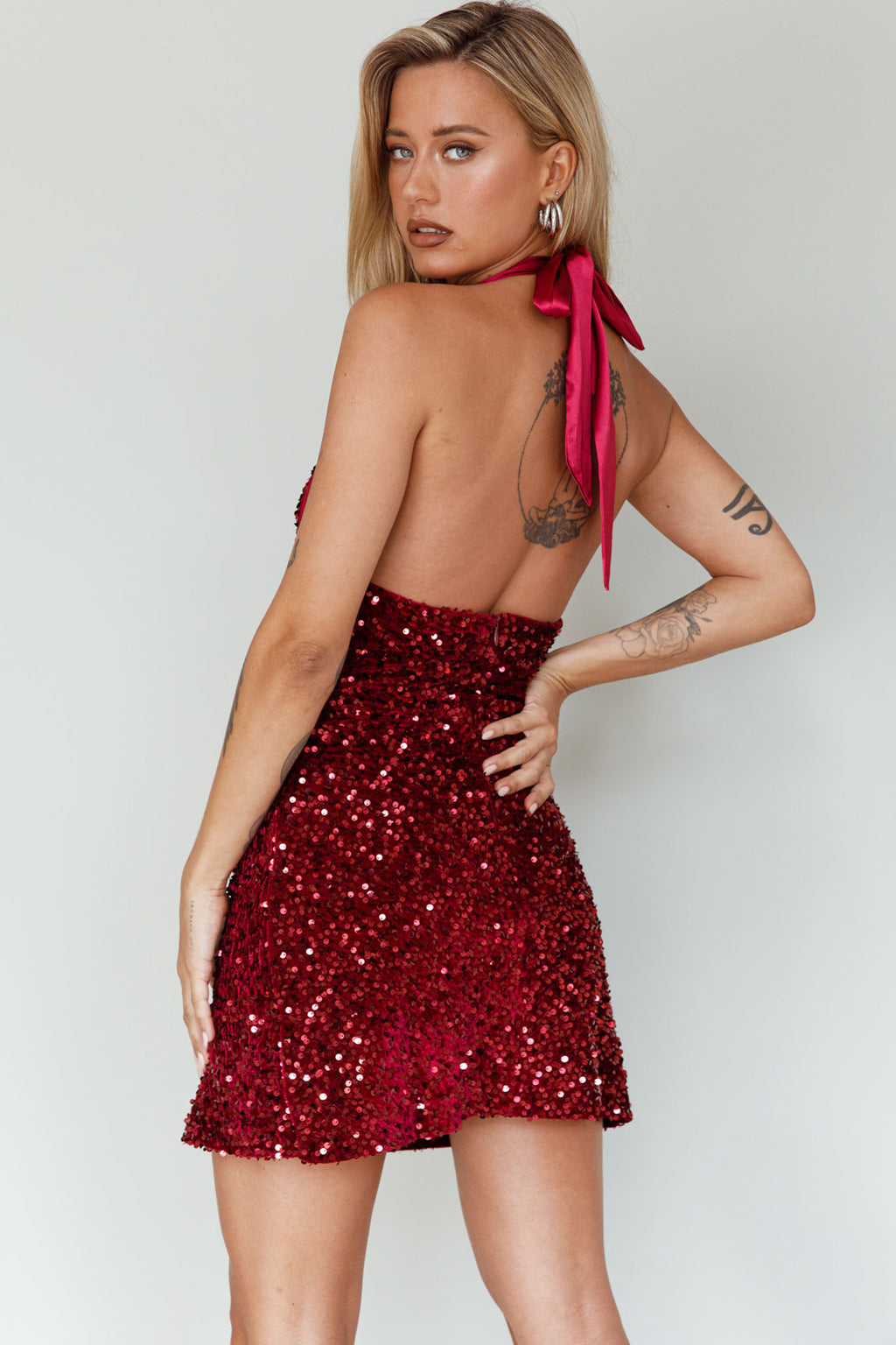 Star Lights Halterneck Mini Dress Sequin Merlot by Selfie Leslie