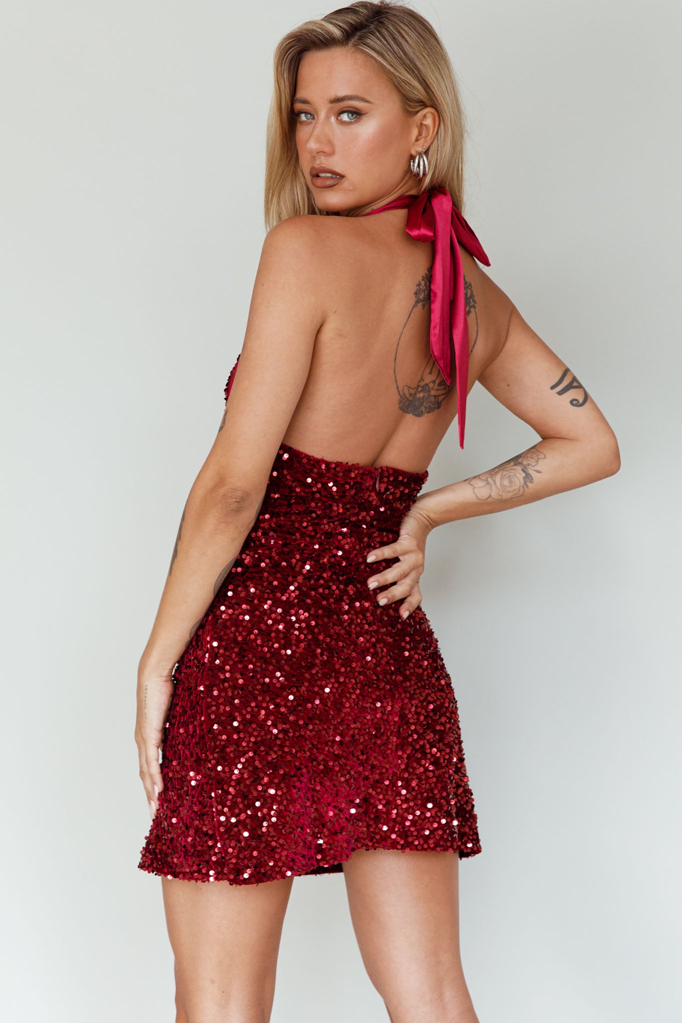 Star Lights Halterneck Mini Dress Sequin Merlot by Selfie Leslie