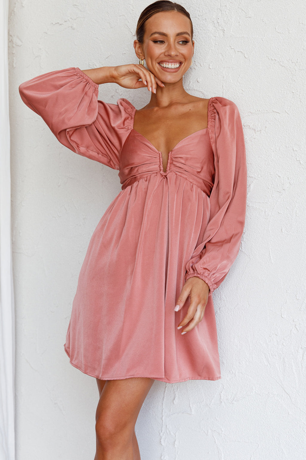 Tansy Long Sleeve Babydoll Dress Rose by Selfie Leslie