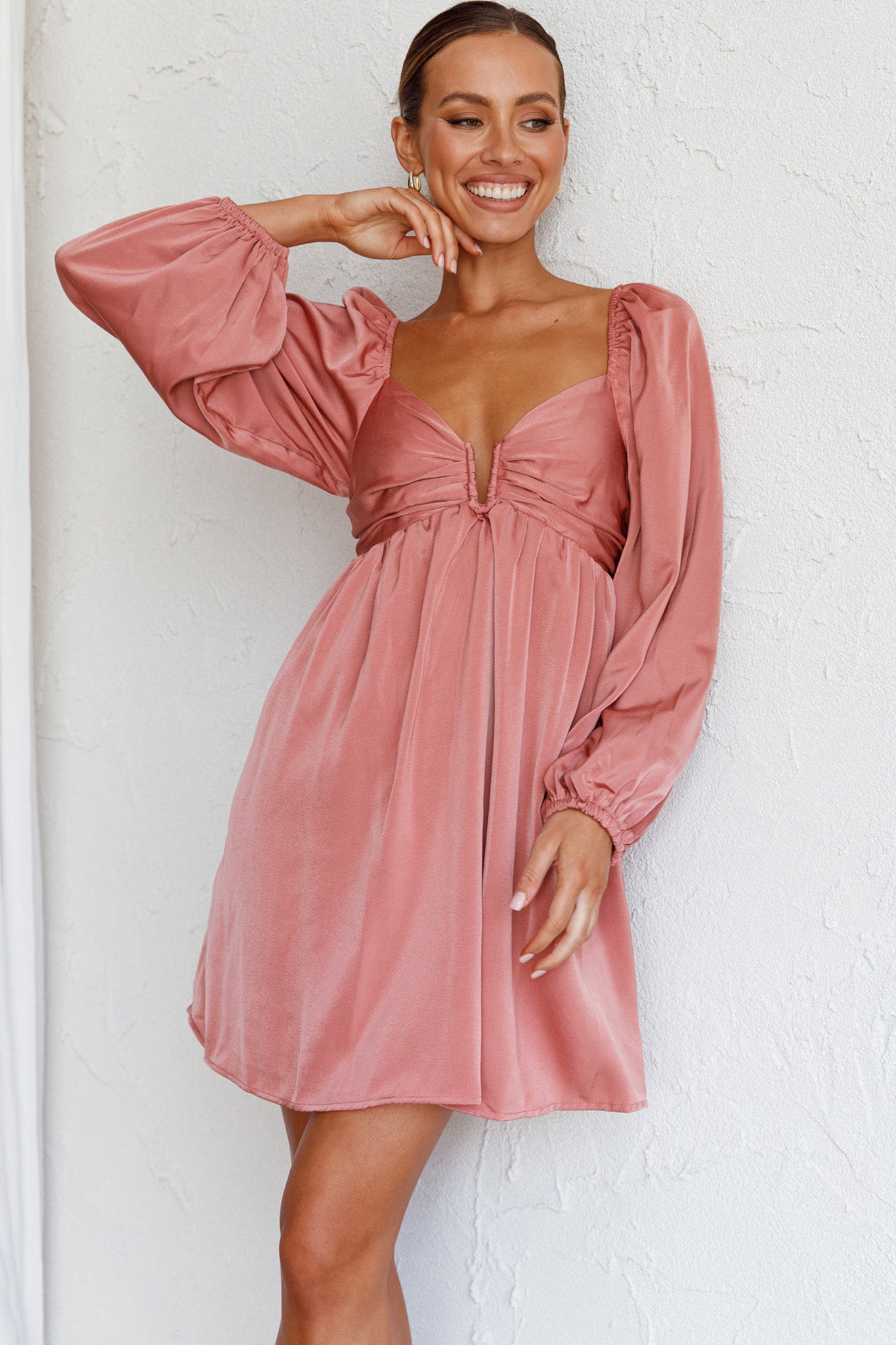 Tansy Long Sleeve Babydoll Dress Rose by Selfie Leslie
