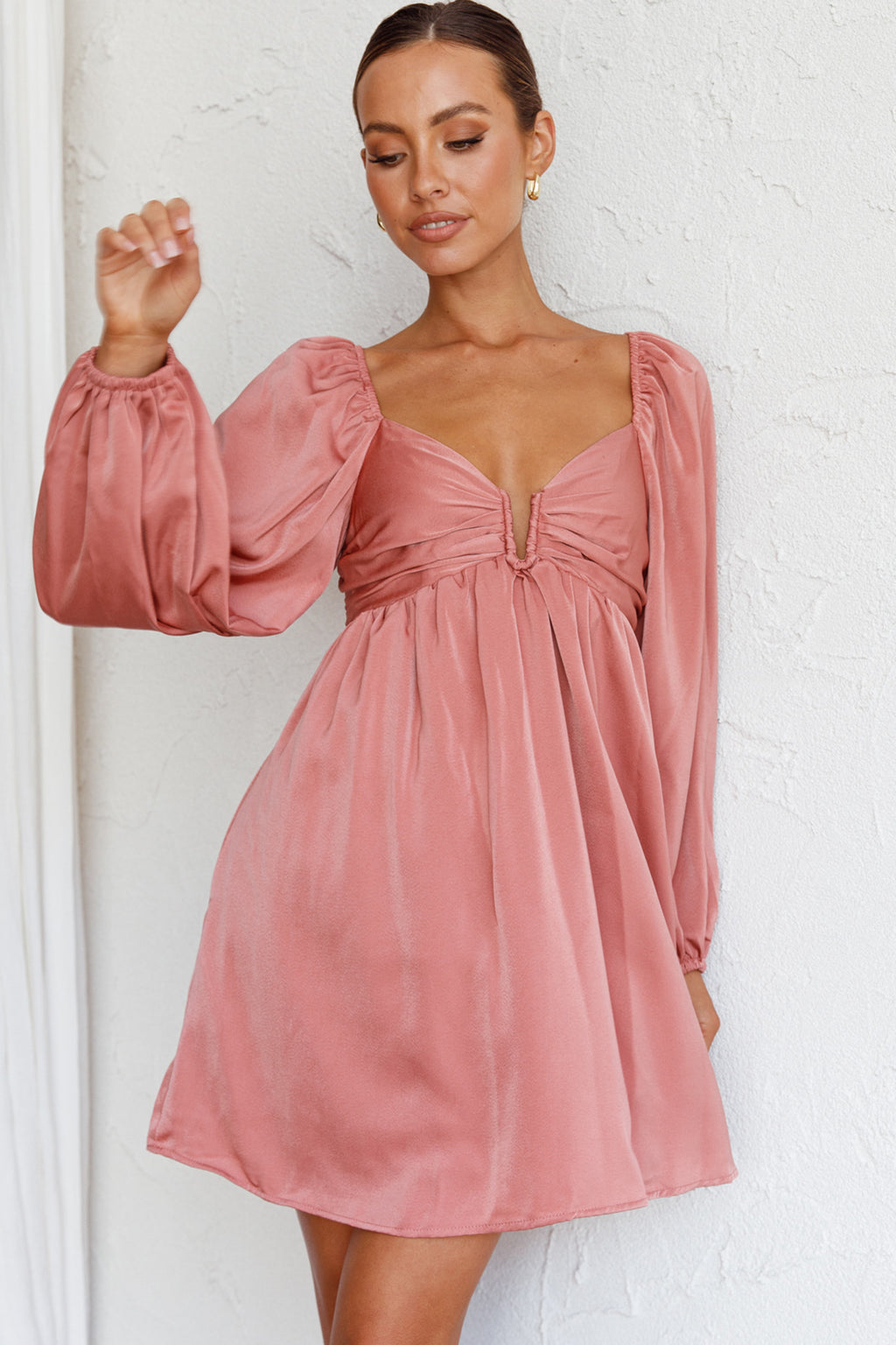 Tansy Long Sleeve Babydoll Dress Rose by Selfie Leslie