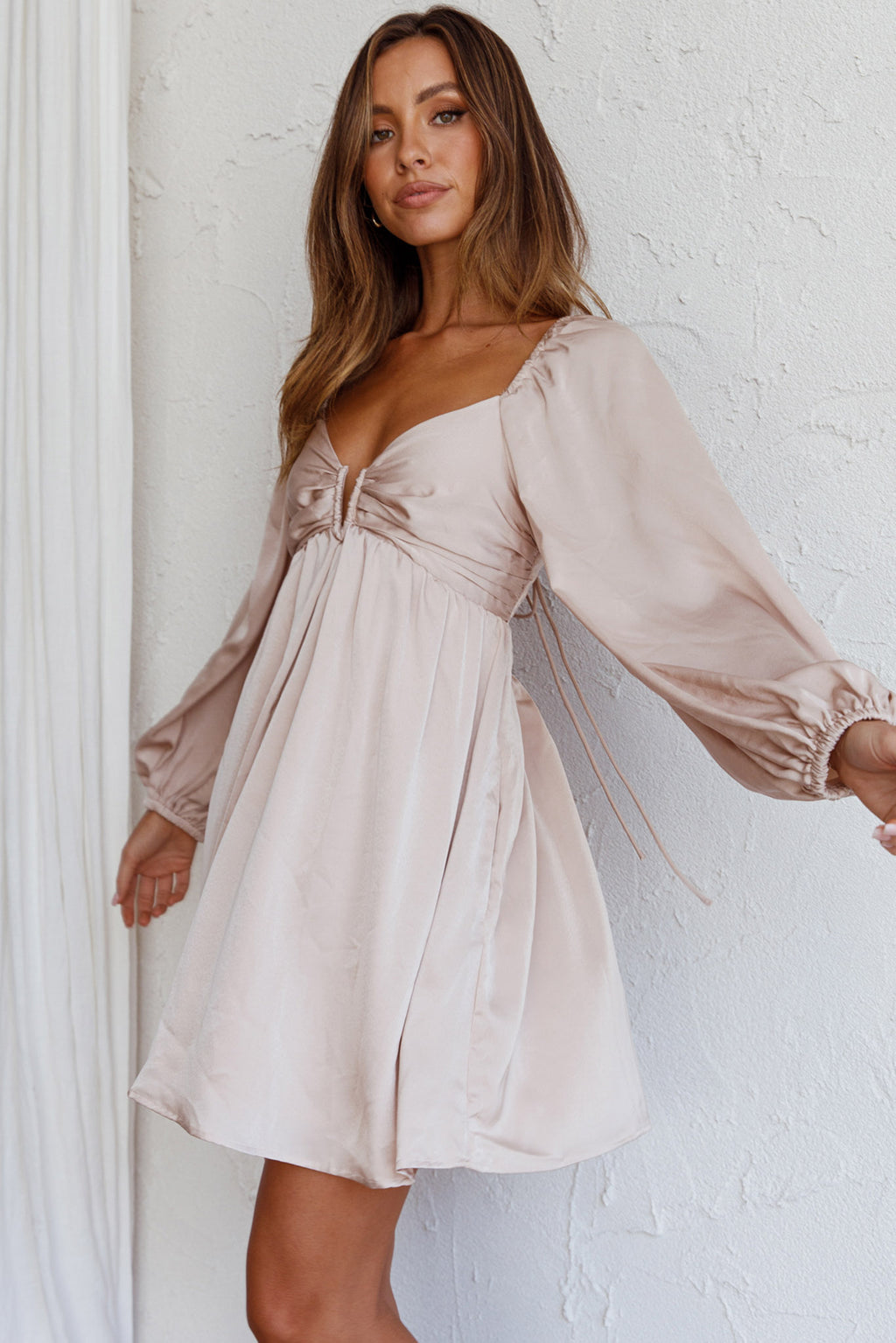 Tansy Long Sleeve Babydoll Dress Beige by Selfie Leslie