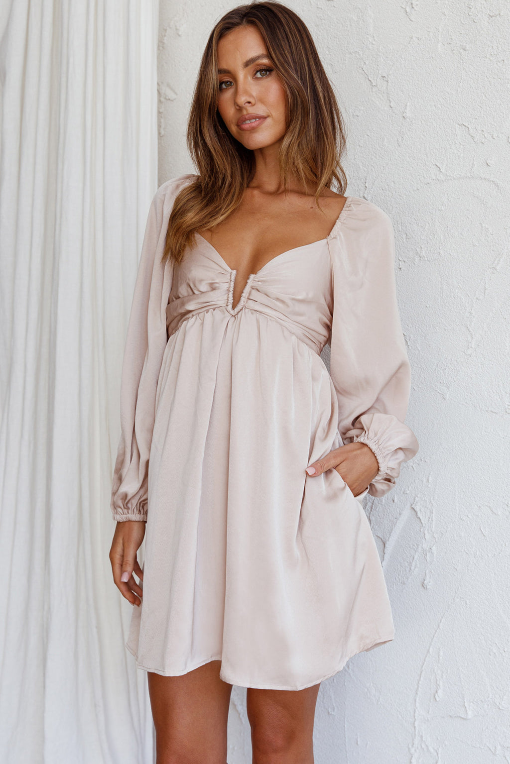 Tansy Long Sleeve Babydoll Dress Beige by Selfie Leslie