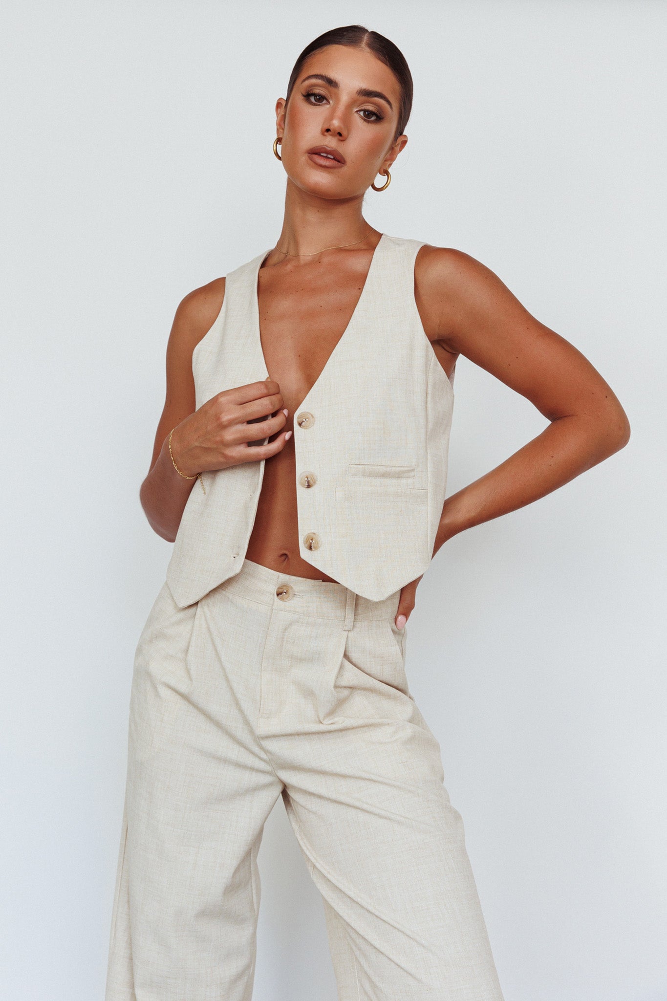 Times Square Buttoned Waistcoat Top Natural by Selfie Leslie
