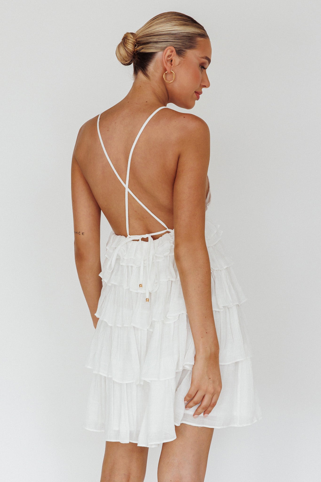 Dellia Tiered Ruffle Mini Dress Off White by Selfie Leslie